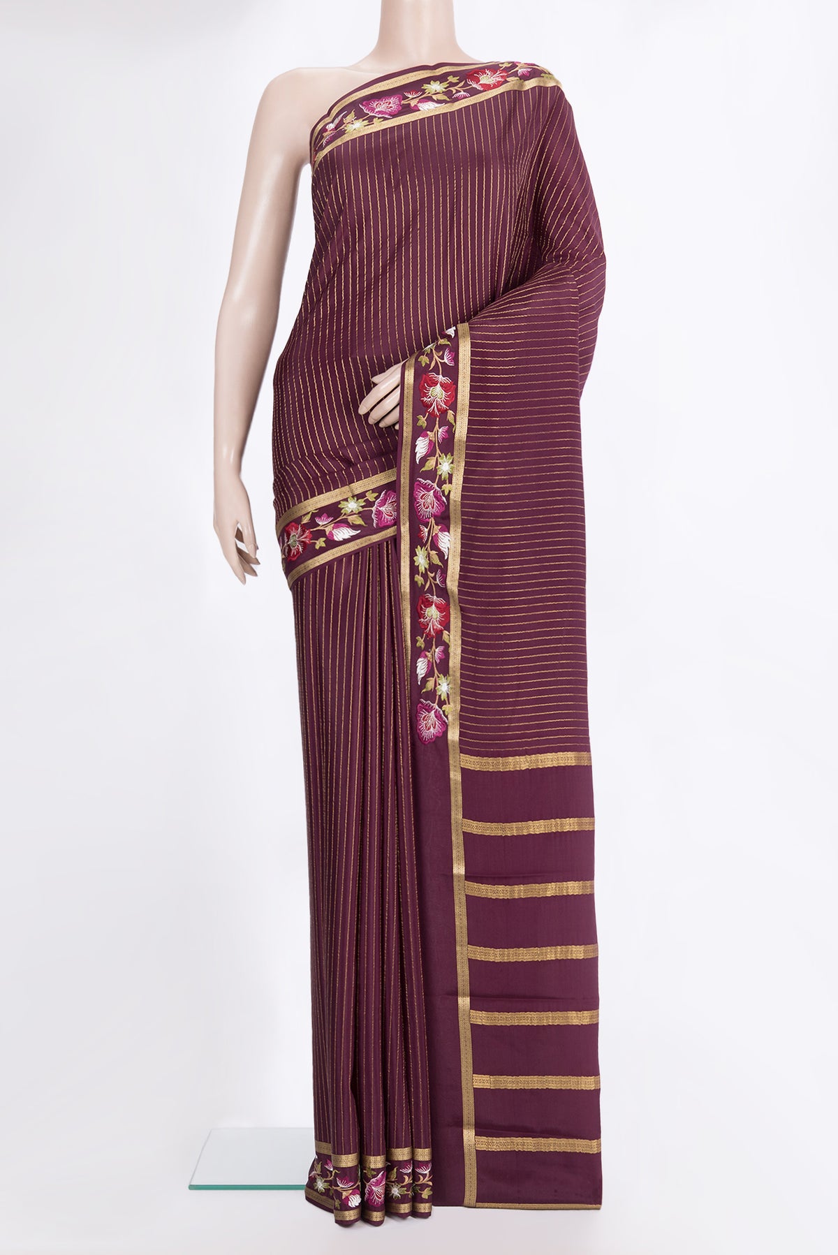 Coffee Brown Mysore Crepe Saree with Stripes on the body and Embroidered Border.  displayed on a mannequin