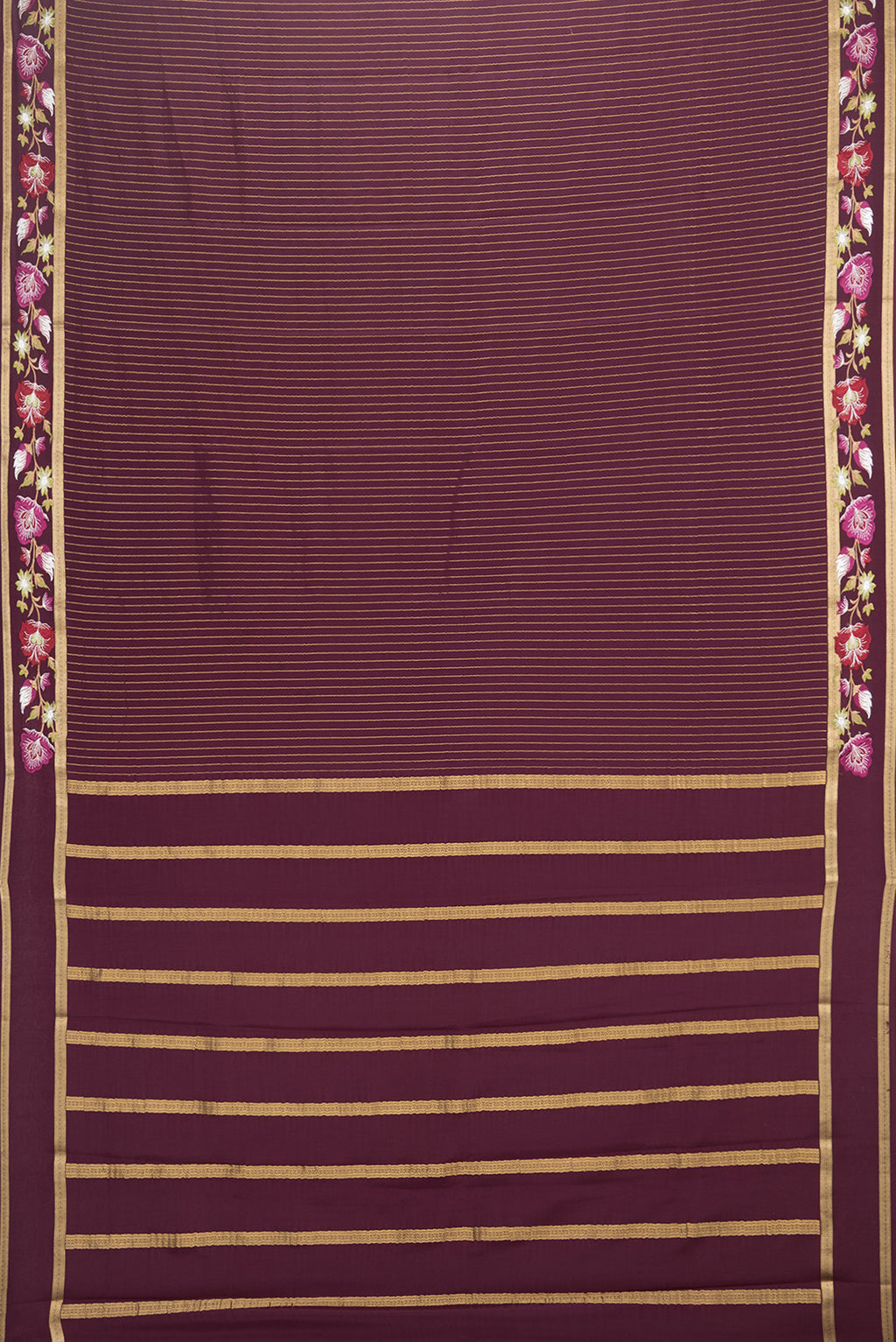 Flat view of Coffee Brown Mysore Crepe Saree with Stripes on the body and Embroidered Border. 