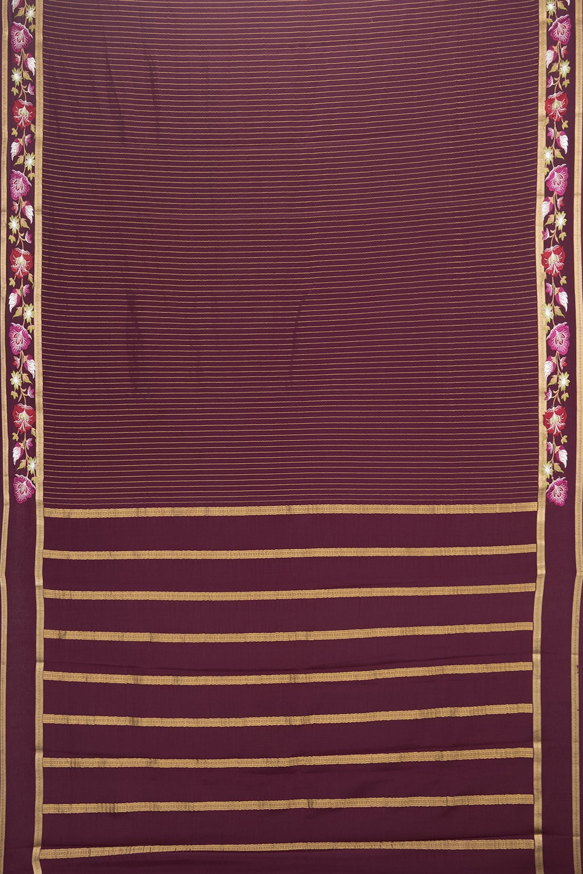 Flat view of Coffee Brown Mysore Crepe Saree with Stripes on the body and Embroidered Border. 