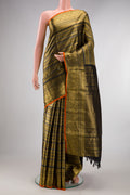 Pure Silk Black Kanchipuram Saree with Zari Brocade on the body and Fancy Border.  displayed on a mannequin