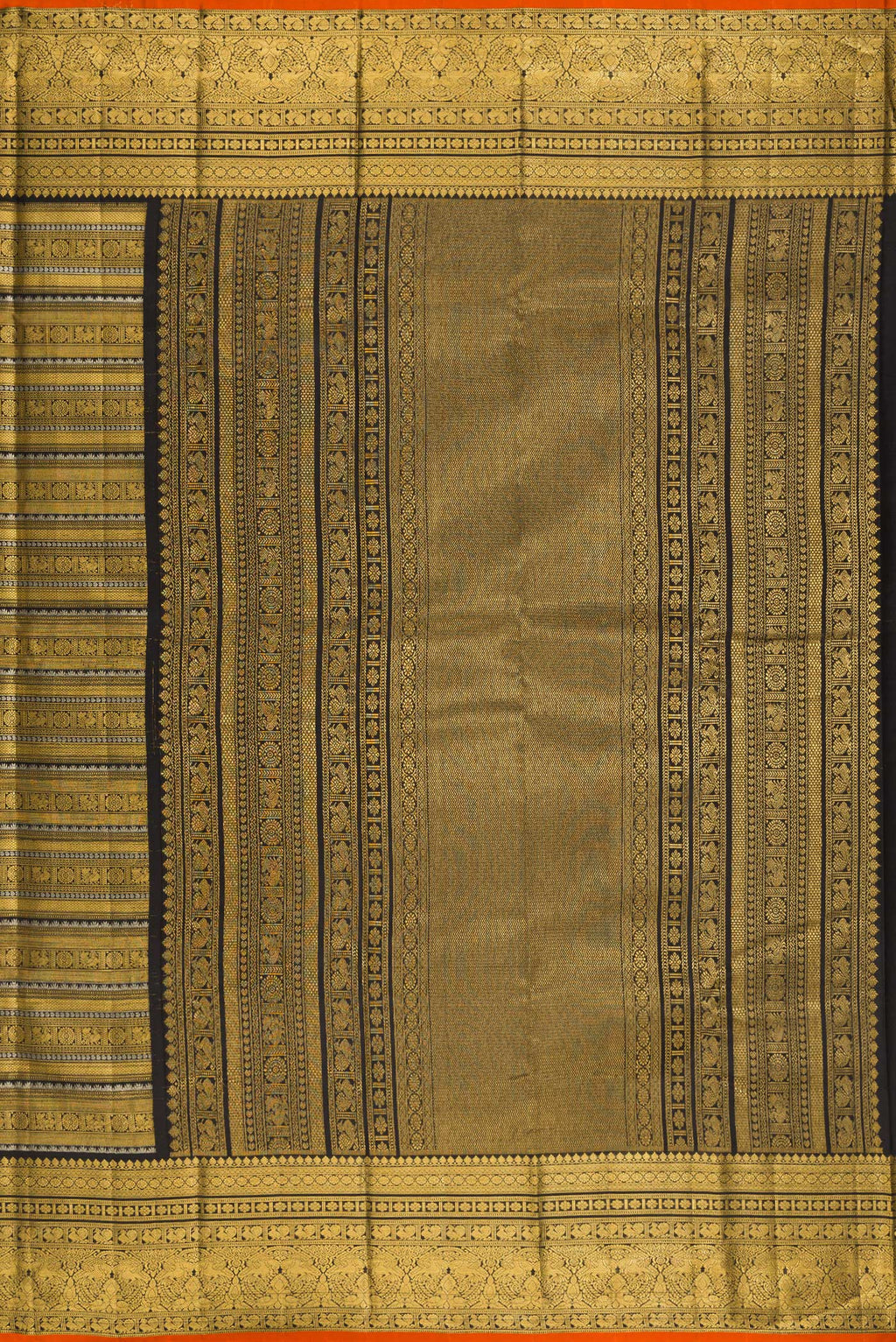 Close up image of the pallu of Pure Silk Black Kanchipuram Saree with Zari Brocade on the body and Fancy Border. 