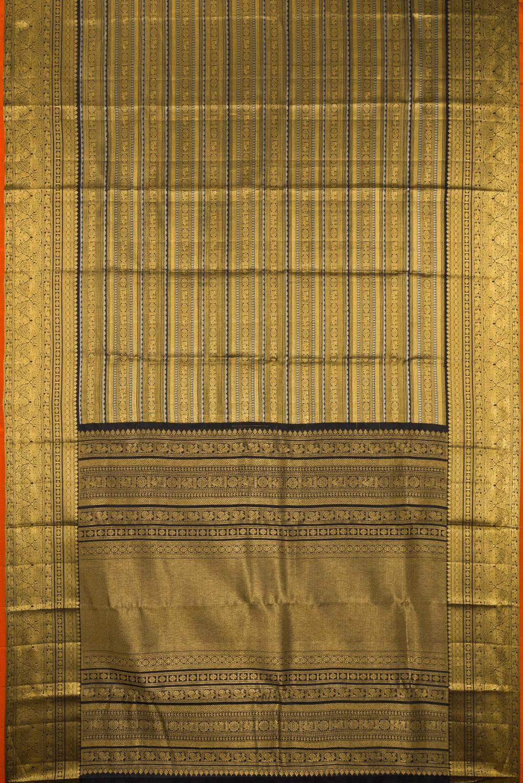Flat view of Pure Silk Black Kanchipuram Saree with Zari Brocade on the body and Fancy Border. 