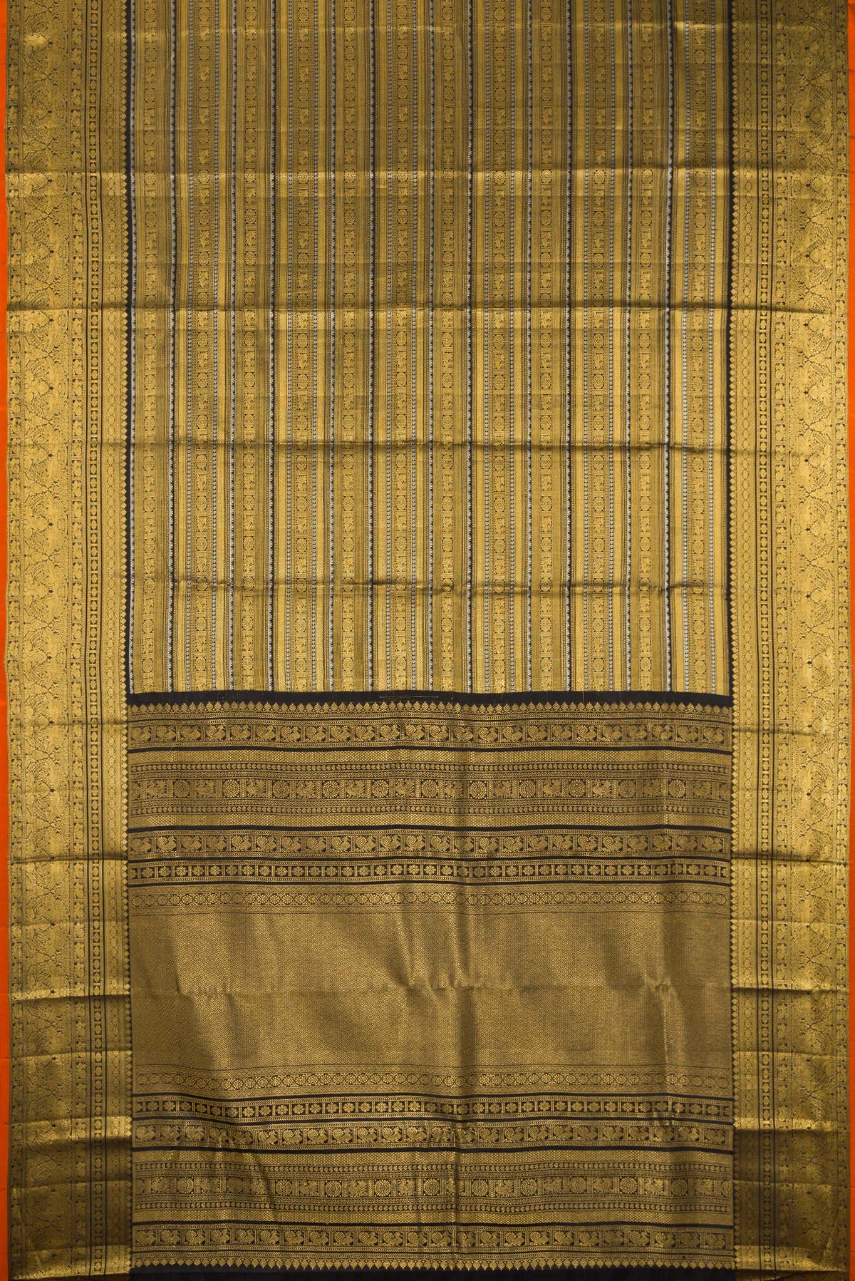 Flat view of Pure Silk Black Kanchipuram Saree with Zari Brocade on the body and Fancy Border. 