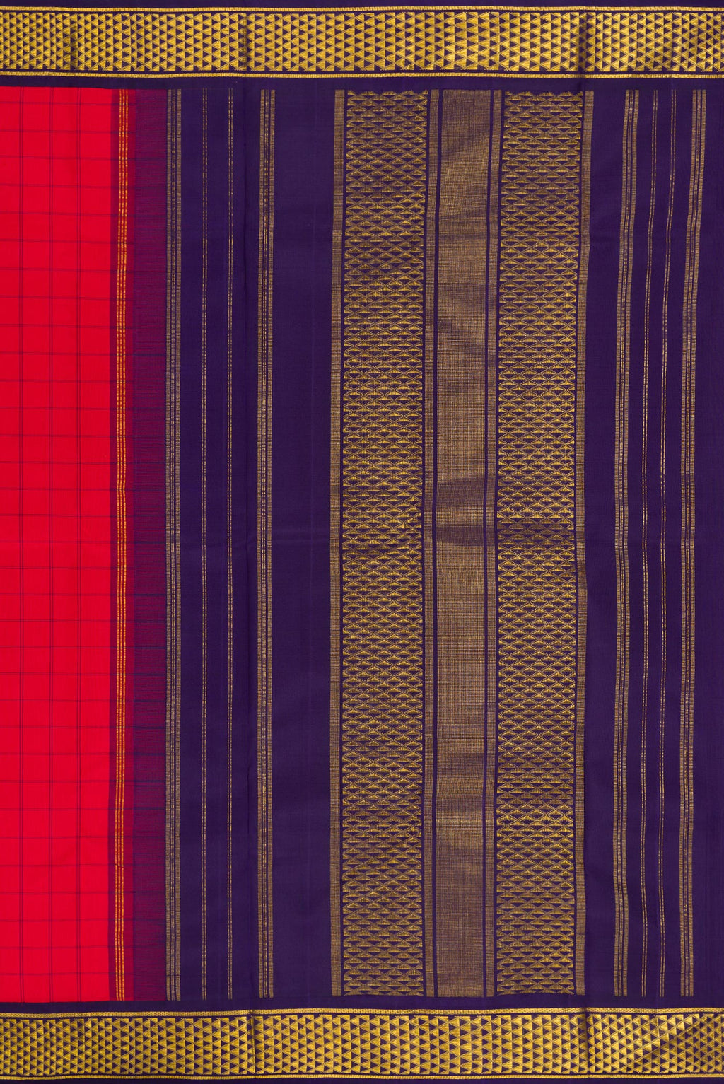 Close up image of the pallu of Pure Silk Red Kanjivaram Saree with Checked design on the body and Zari Border. 