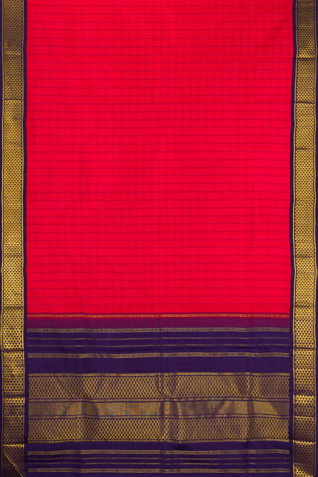 Flat view of Pure Silk Red Kanjivaram Saree with Checked design on the body and Zari Border. 
