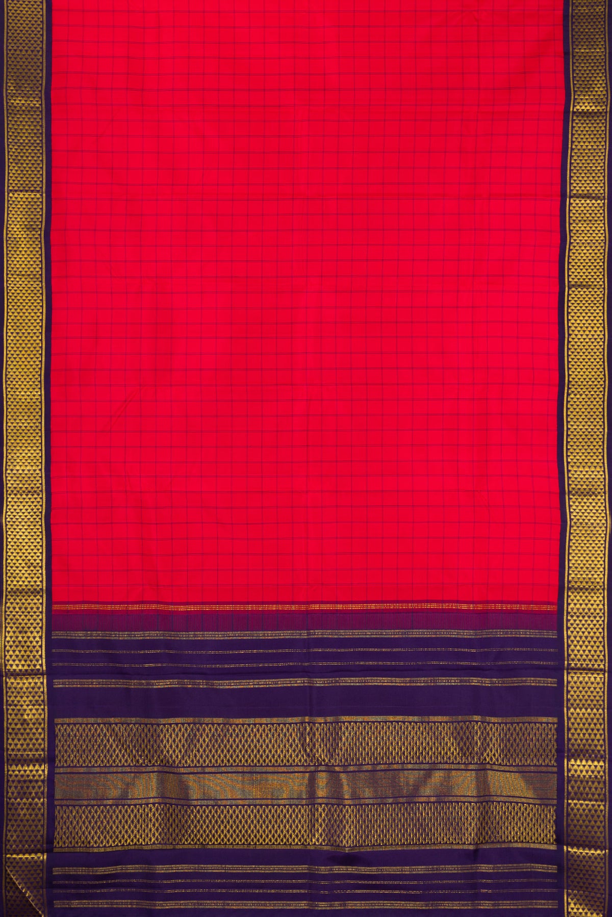 Flat view of Pure Silk Red Kanjivaram Saree with Checked design on the body and Zari Border. 