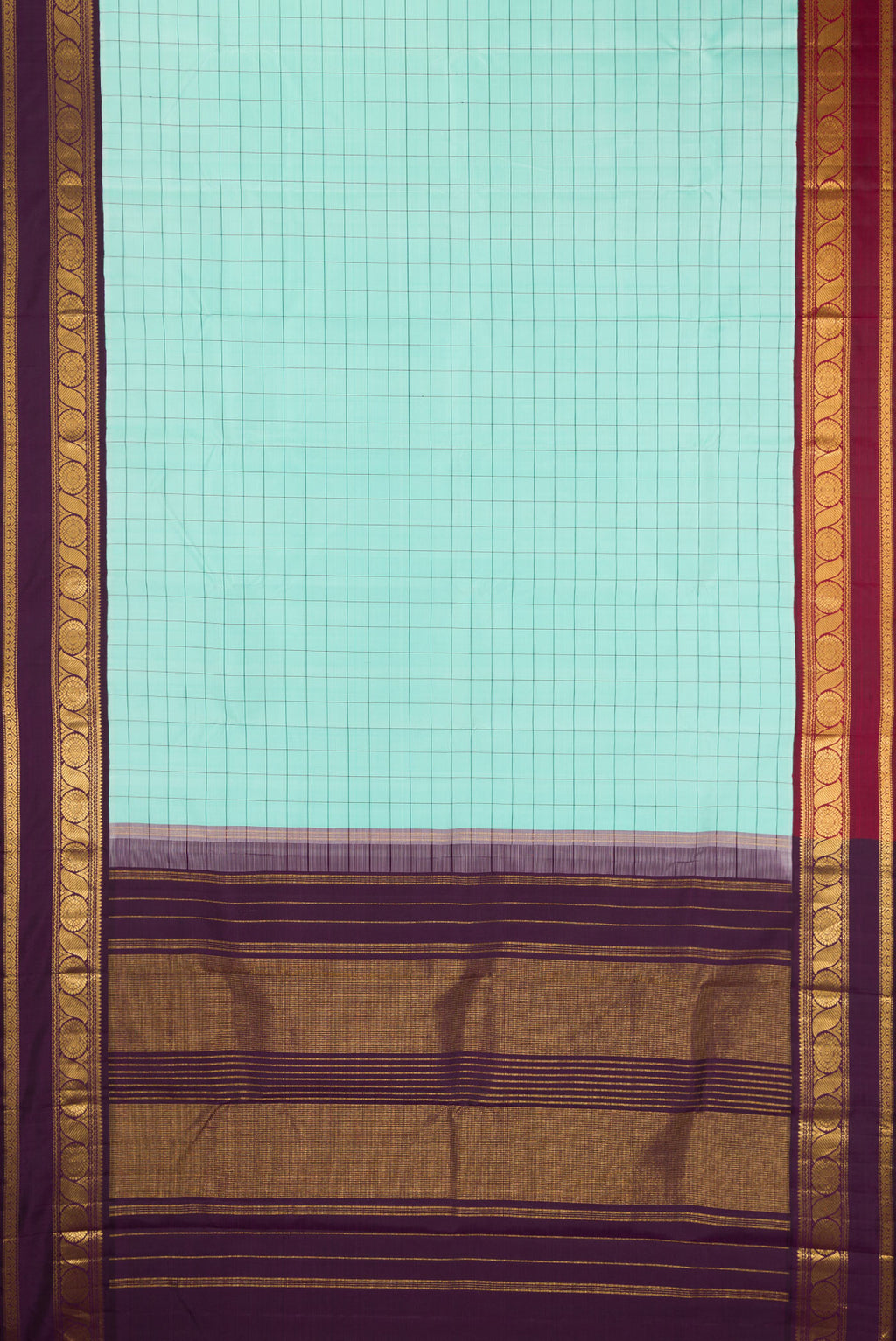 Flat view of Pure Silk Sea Green Kanjivaram Saree with Checked design on the body and Ganga Jamuna Border. 