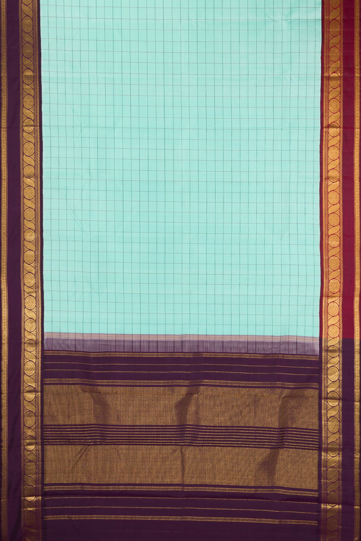 Flat view of Pure Silk Sea Green Kanjivaram Saree with Checked design on the body and Ganga Jamuna Border. 