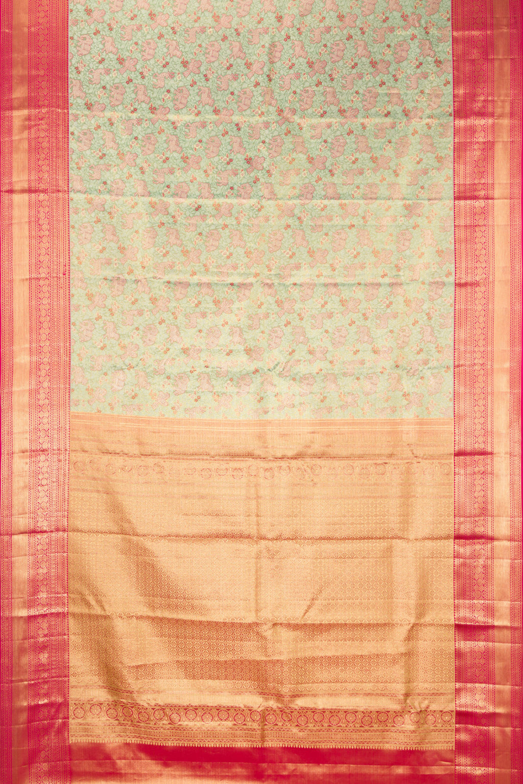 Flat view of Pista Green Dual Tone Kanjivaram Tissue Saree with Zari Brocade on the body and Zari Border. 