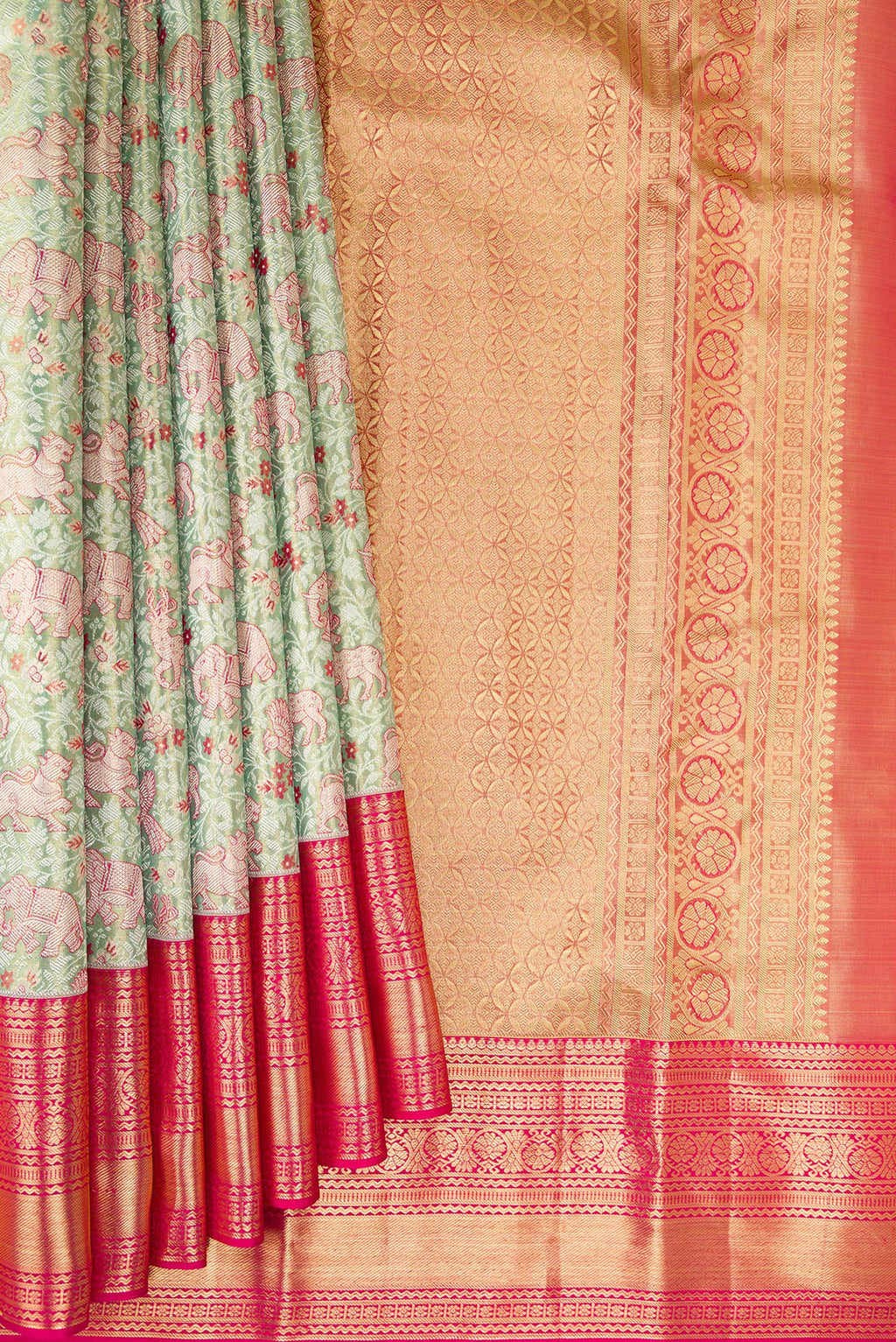 Pleats and pallu of Pista Green Dual Tone Kanjivaram Tissue Saree with Zari Brocade on the body and Zari Border. 