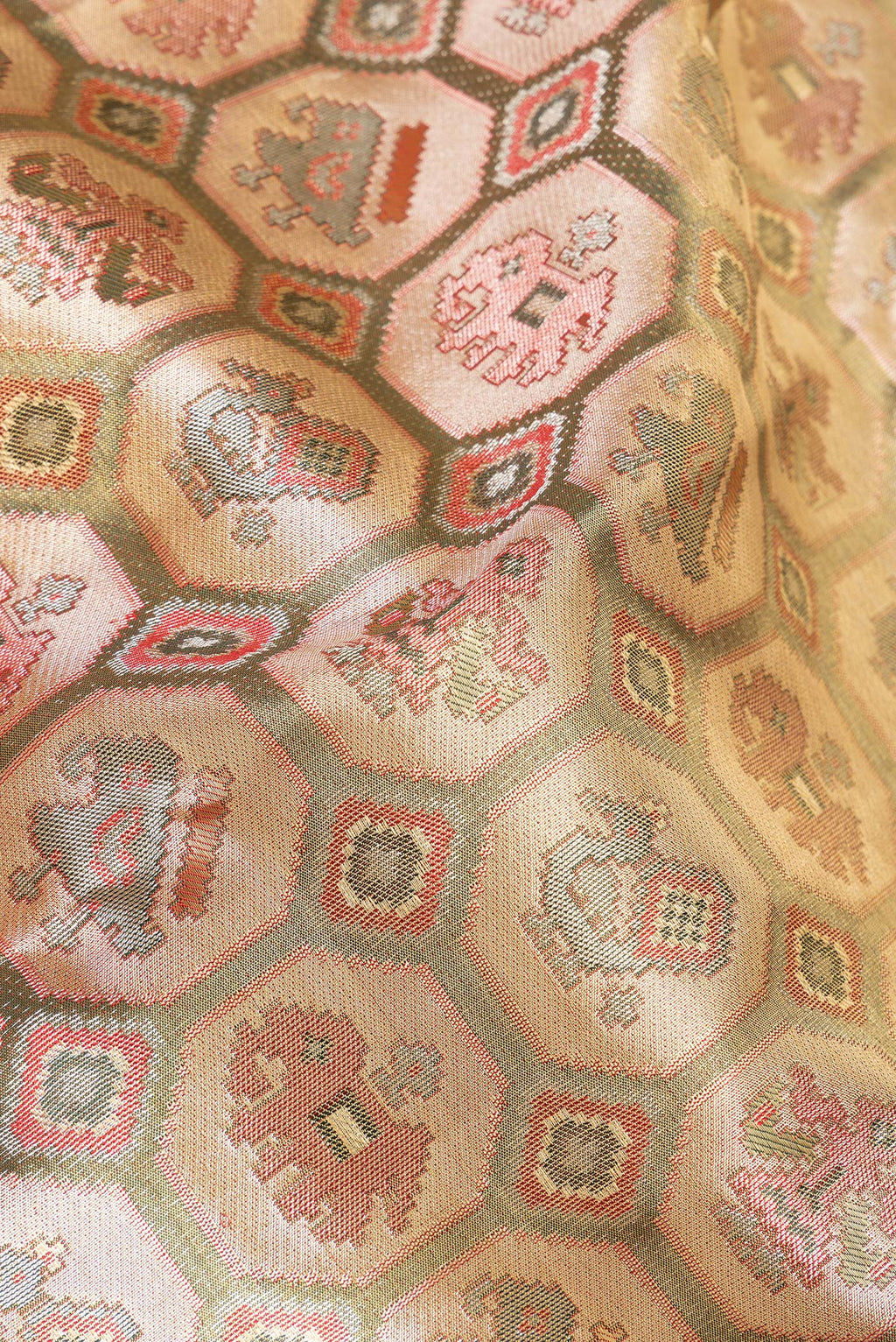 Close up of Pure Silk Gold Dual Tone Kanjivaram Tissue Saree with Zari Brocade on the body and Fancy Border.  displaying folds
