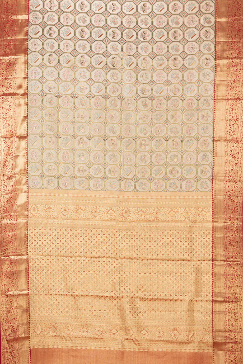 Flat view of Pure Silk Gold Dual Tone Kanjivaram Tissue Saree with Zari Brocade on the body and Fancy Border. 