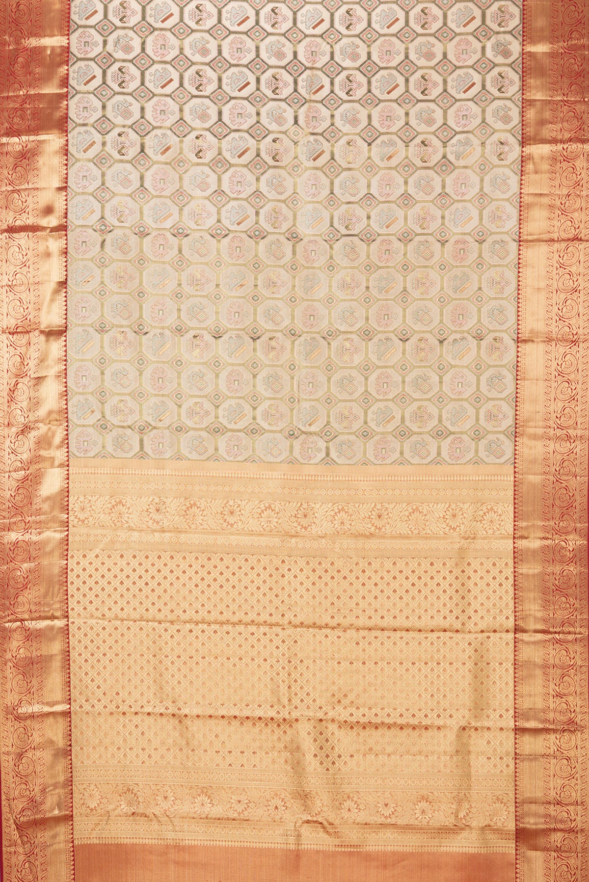 Flat view of Pure Silk Gold Dual Tone Kanjivaram Tissue Saree with Zari Brocade on the body and Fancy Border. 