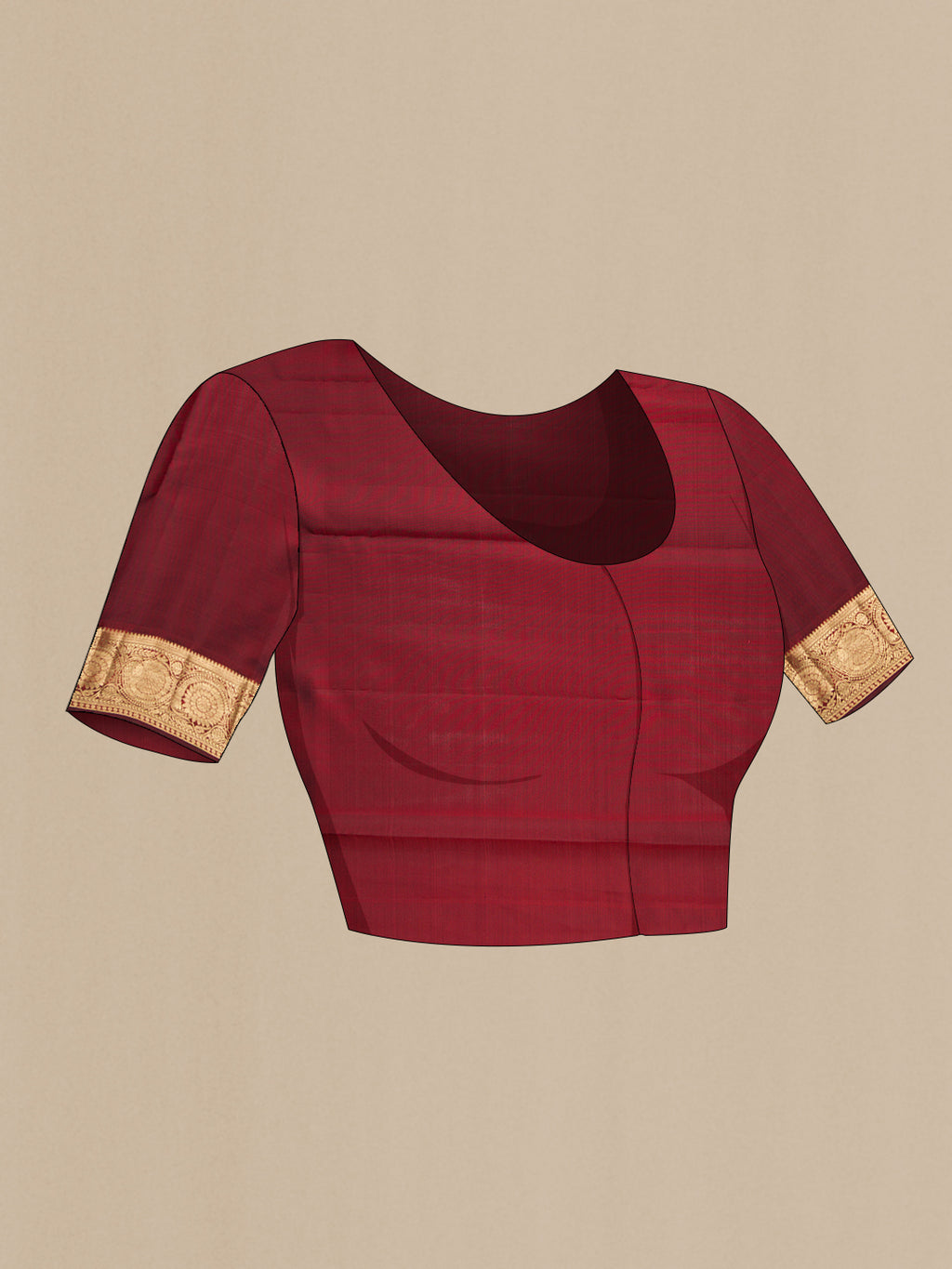 Close up image of the blouse of Maroon Kanjivaram Silk Saree with Zari Brocade on the body and Zari Border. 
