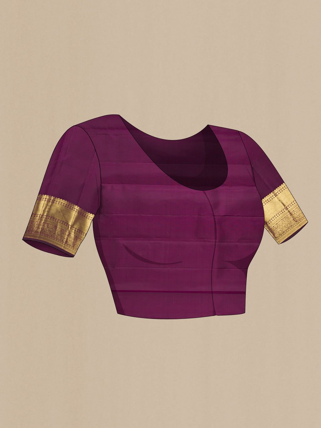 Close up image of the blouse of Burgundy Kanjivaram Silk Saree with Zari Brocade on the body and Zari Border. 