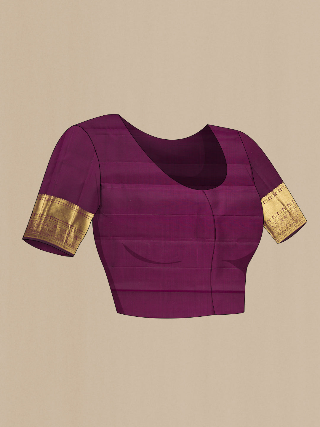 Close up image of the blouse of Burgundy Kanjivaram Silk Saree with Zari Brocade on the body and Zari Border. 