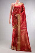 Red Kanjivaram Silk Saree with Zari Brocade on the body and Zari Border.  displayed on a mannequin