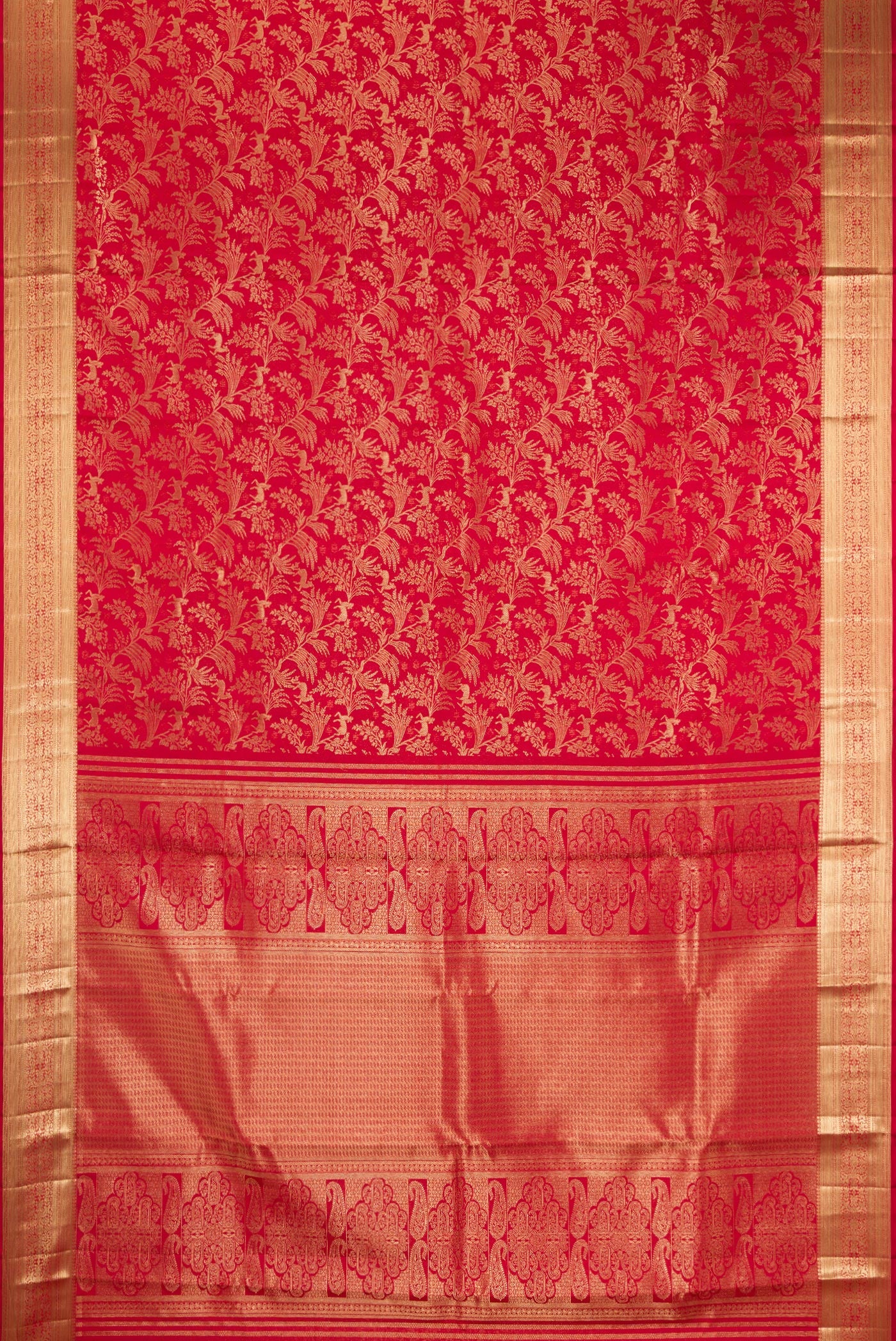 Flat view of Red Kanjivaram Silk Saree with Zari Brocade on the body and Zari Border. 