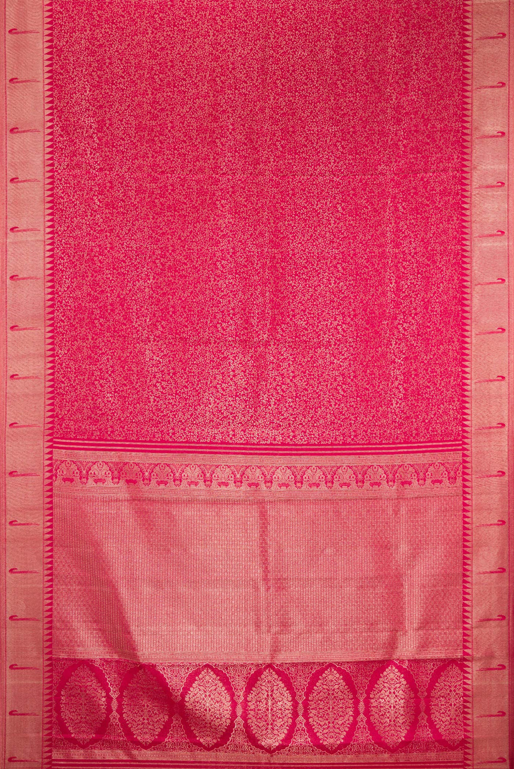 Flat view of Dark Pink Kanjivaram Silk Saree with Zari Brocade on the body and Paithani Border. 