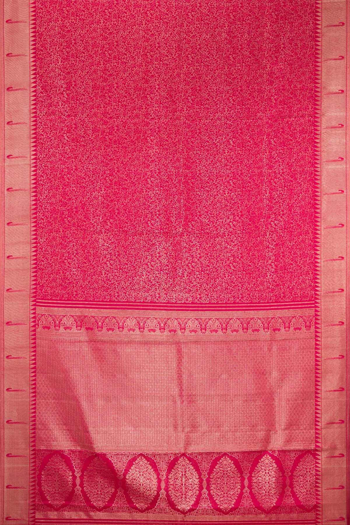 Flat view of Dark Pink Kanjivaram Silk Saree with Zari Brocade on the body and Paithani Border. 
