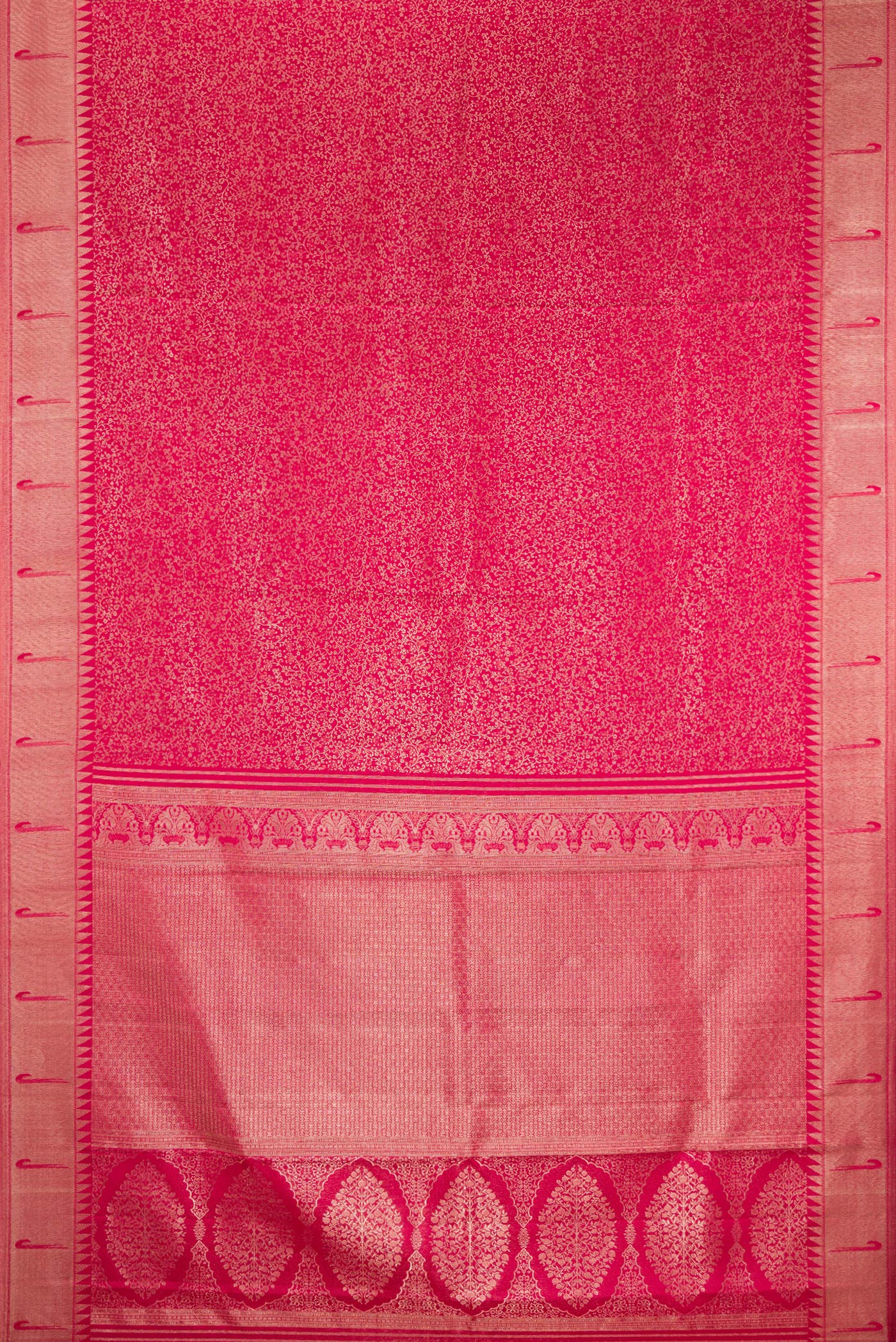 Flat view of Dark Pink Kanjivaram Silk Saree with Zari Brocade on the body and Paithani Border. 