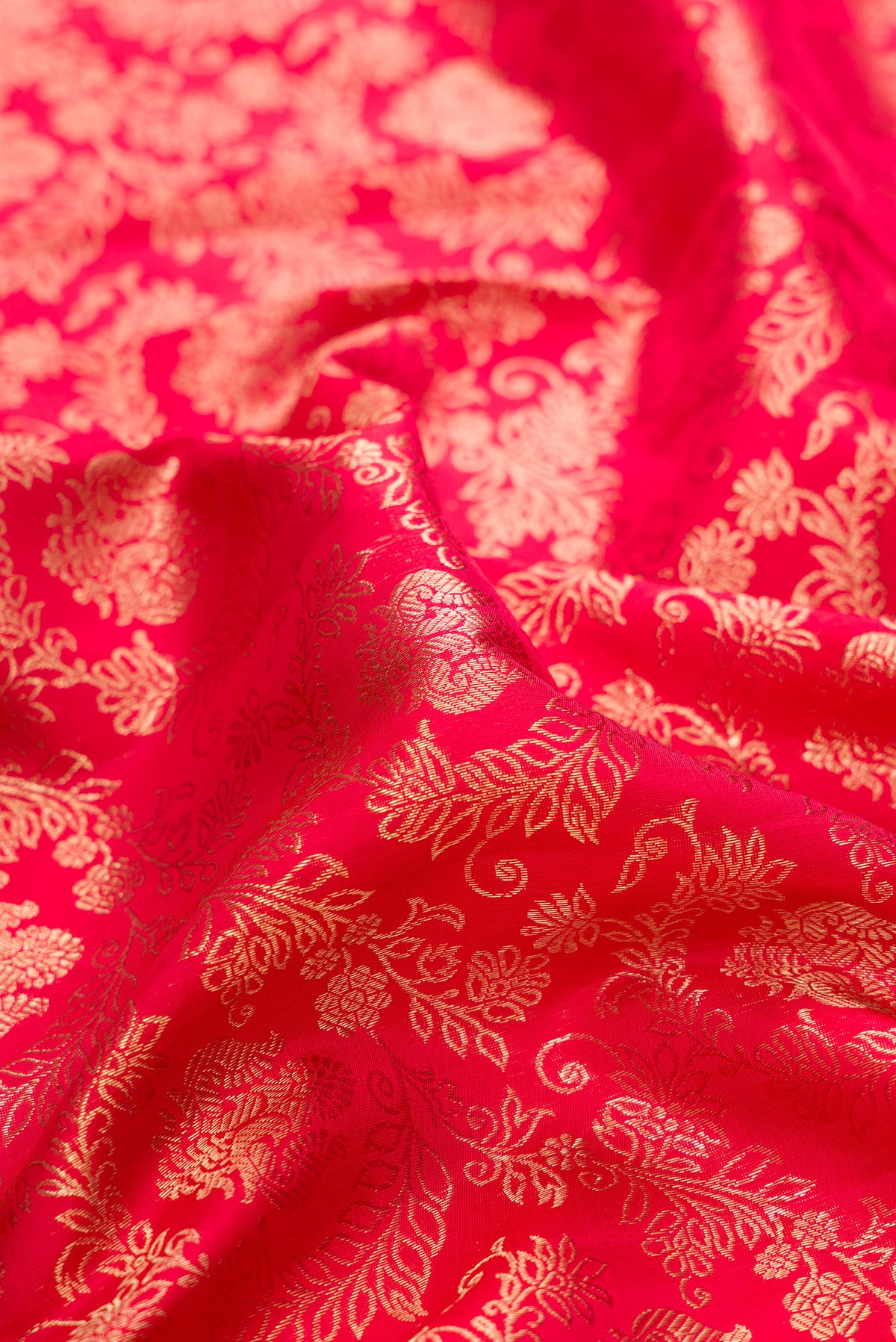 Close up of Pure Silk Red Kanjivaram Saree with Zari Brocade on the body and Zari Border.  displaying folds