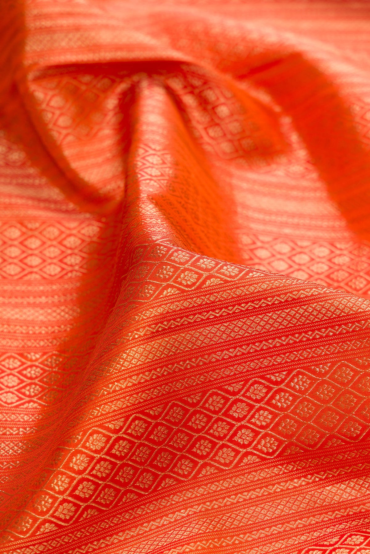 Close up of Pure Silk Mustard Dual Tone Kanjivaram Saree with Zari Brocade on the body and Zari Border.  displaying folds