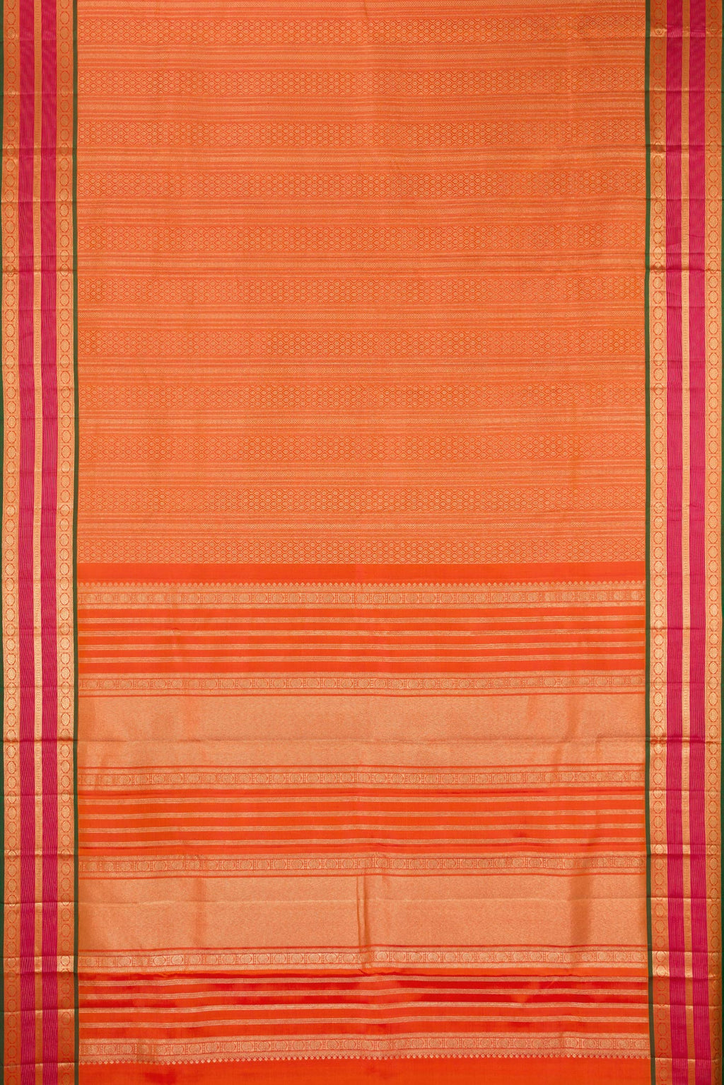 Flat view of Pure Silk Mustard Dual Tone Kanjivaram Saree with Zari Brocade on the body and Zari Border. 