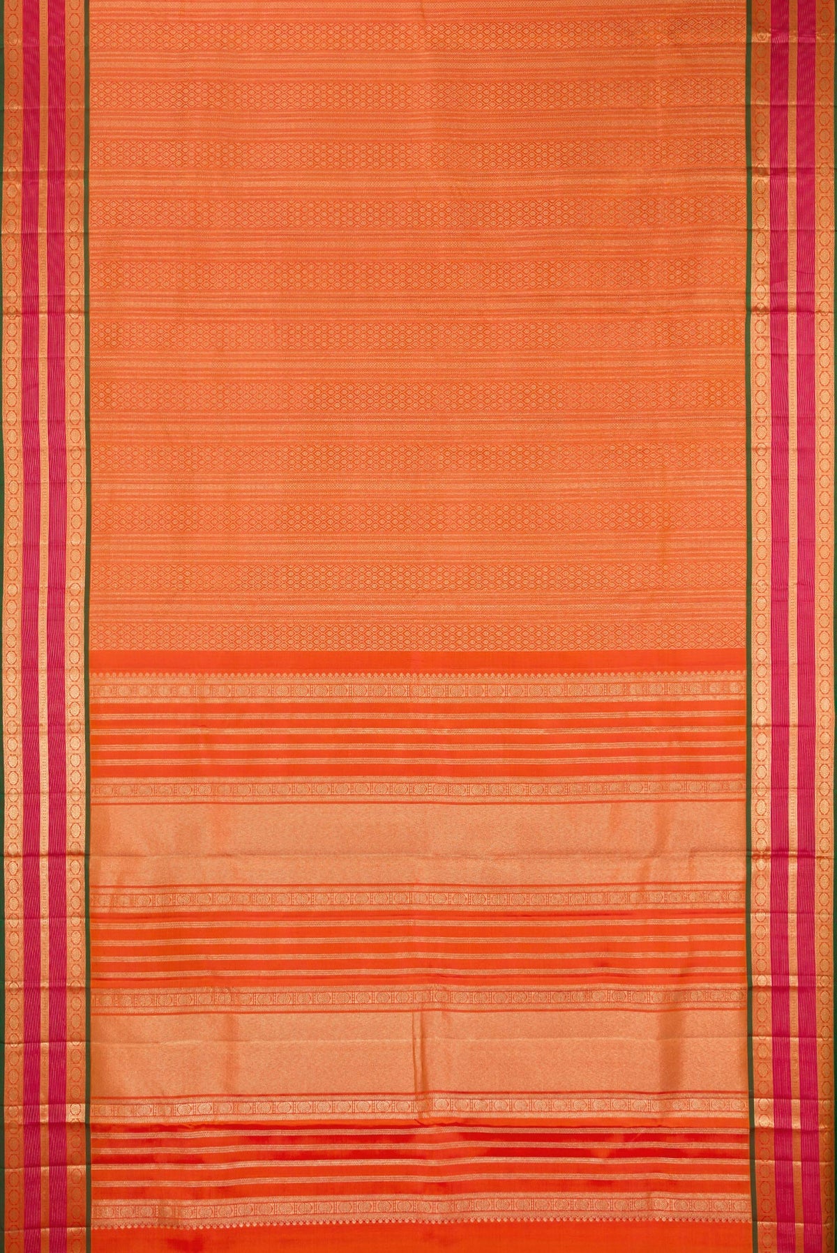 Flat view of Pure Silk Mustard Dual Tone Kanjivaram Saree with Zari Brocade on the body and Zari Border. 