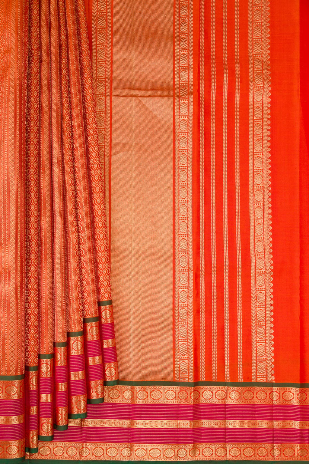 Pleats and pallu of Pure Silk Mustard Dual Tone Kanjivaram Saree with Zari Brocade on the body and Zari Border. 