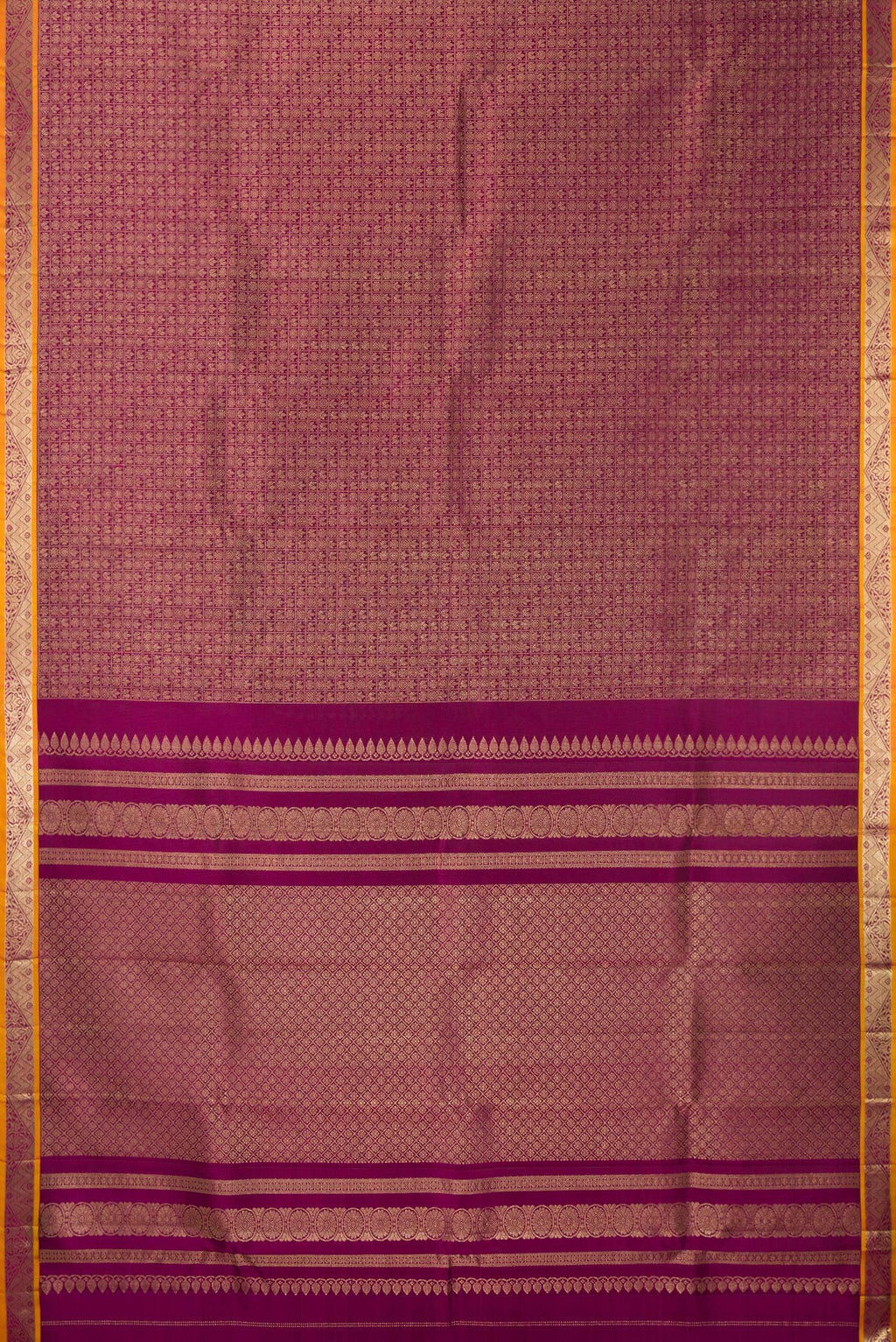 Flat view of Pure Silk Magenta Kanjivaram Saree with Zari Brocade on the body and Zari Border. 