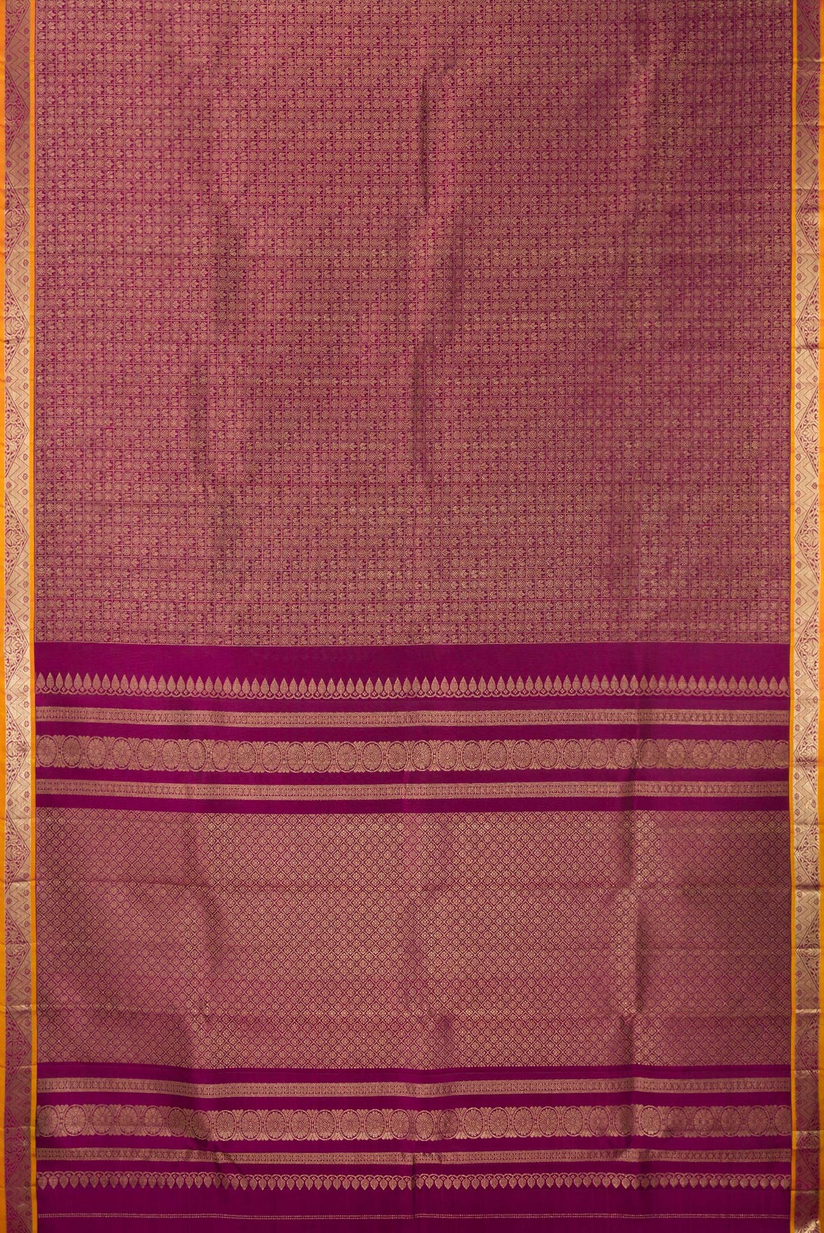 Flat view of Pure Silk Magenta Kanjivaram Saree with Zari Brocade on the body and Zari Border. 
