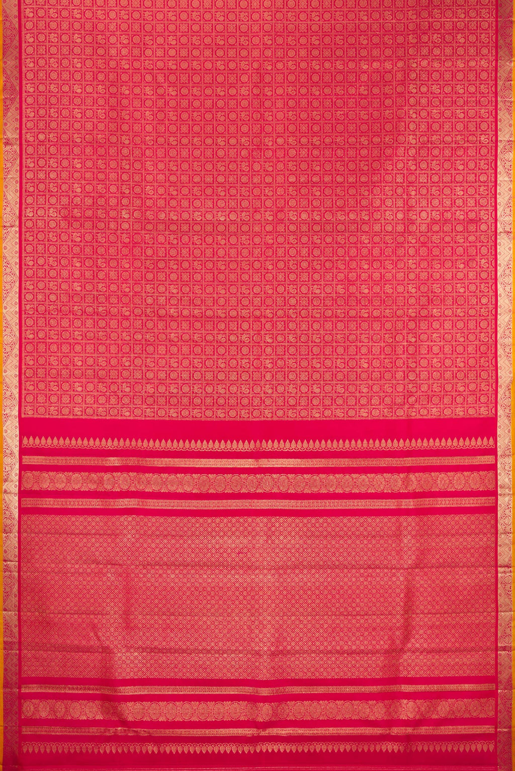 Flat view of Dark Pink Kanjivaram Silk Saree with Zari Brocade on the body and Zari Border. 