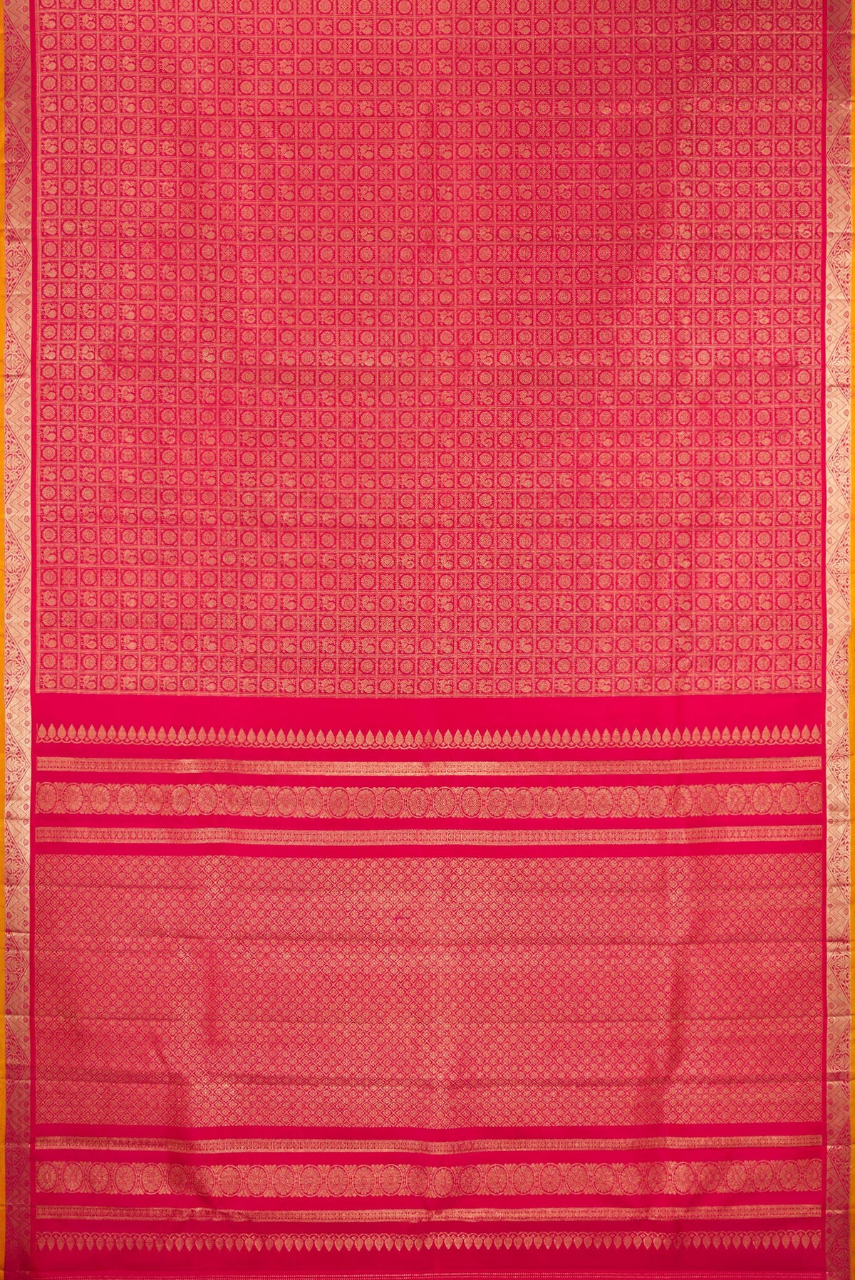 Flat view of Dark Pink Kanjivaram Silk Saree with Zari Brocade on the body and Zari Border. 