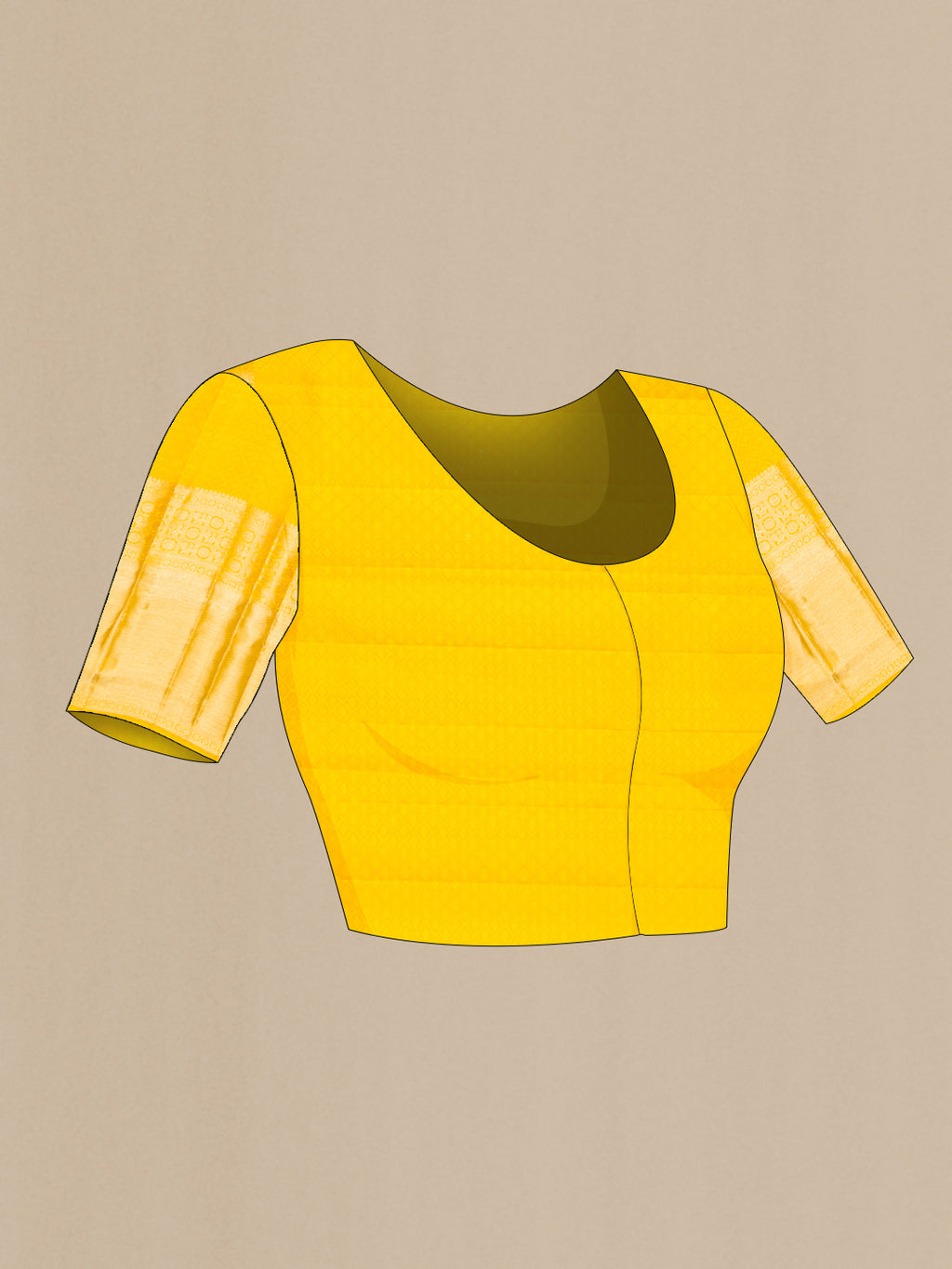 Close up image of the blouse of Pure Silk Yellow Kanjivaram Saree with Stripes on the body and Zari Border. 