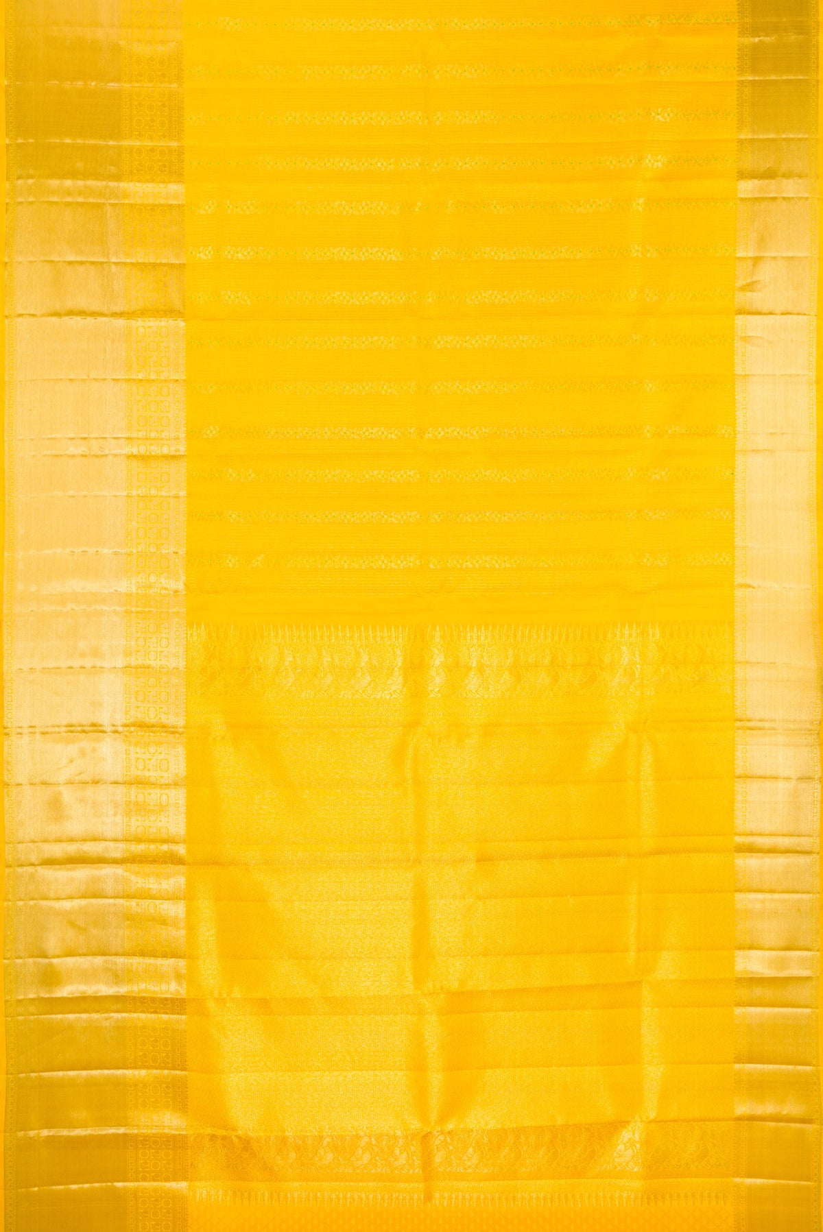 Flat view of Pure Silk Yellow Kanjivaram Saree with Stripes on the body and Zari Border. 