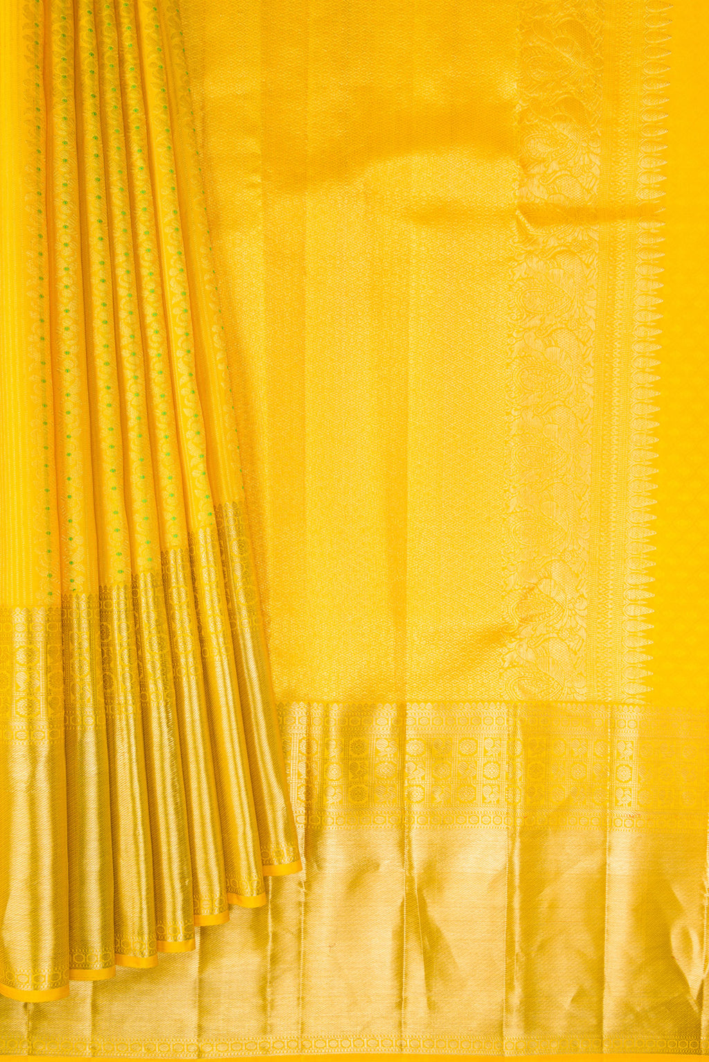Pleats and pallu of Pure Silk Yellow Kanjivaram Saree with Stripes on the body and Zari Border. 