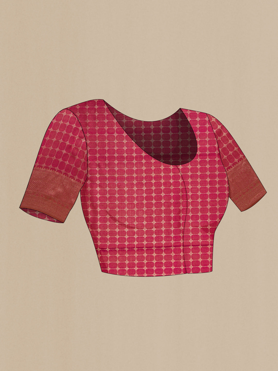 Close up image of the blouse of Maroon Kanjivaram Silk Saree with Zari Brocade on the body and Fancy Border. 