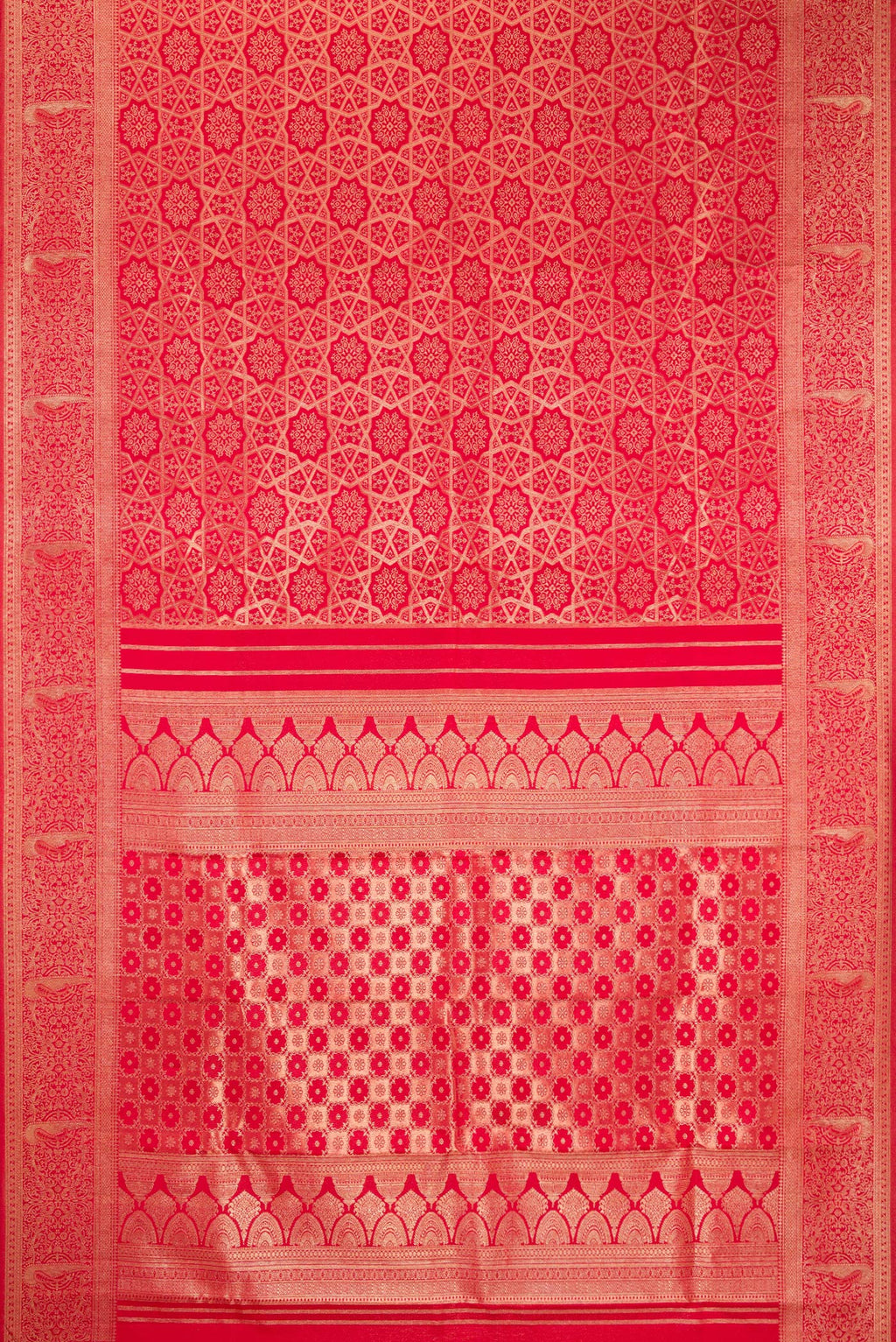Flat view of Pure Silk Red Kanjivaram Saree with Zari Brocade on the body and Fancy Border. 