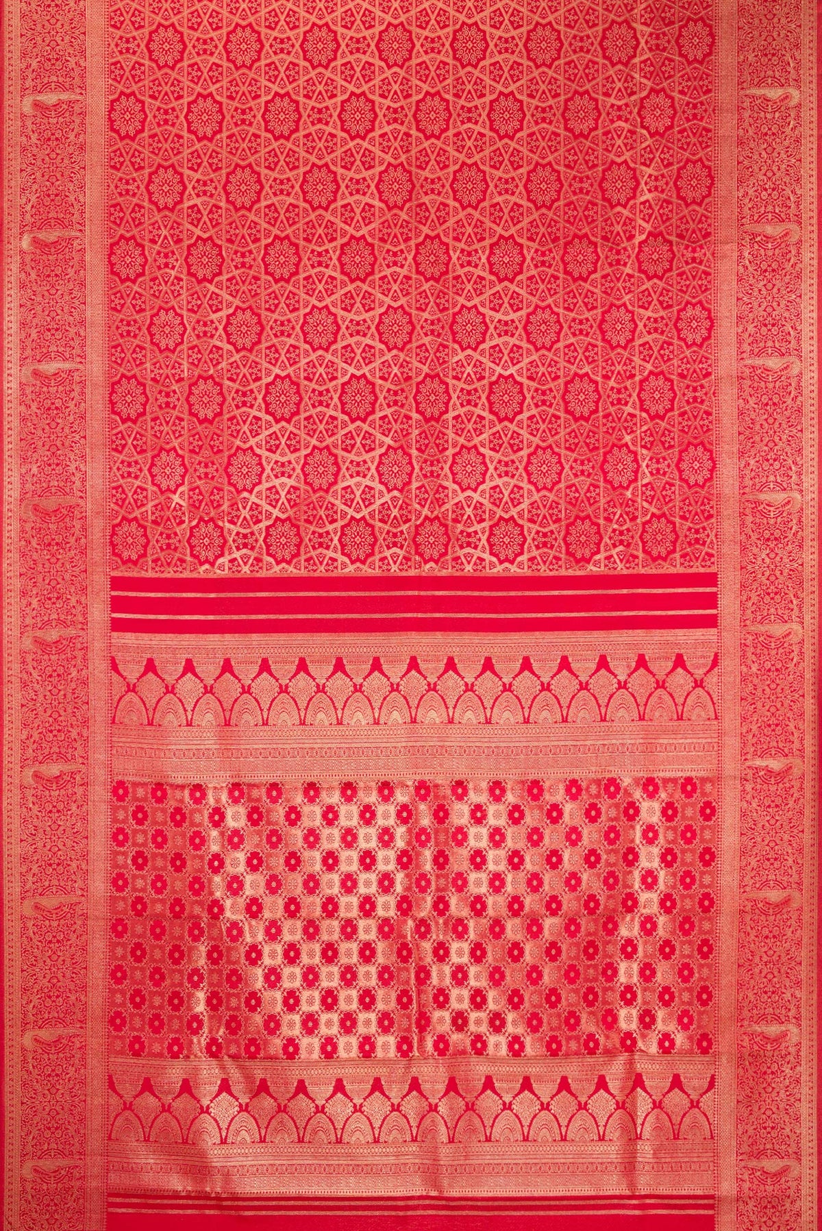 Flat view of Pure Silk Red Kanjivaram Saree with Zari Brocade on the body and Fancy Border. 