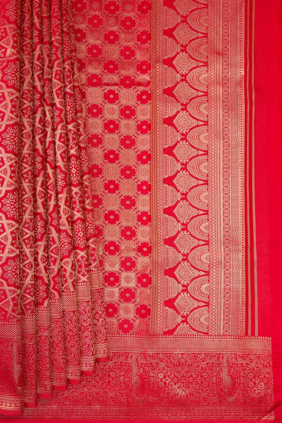 Pleats and pallu of Pure Silk Red Kanjivaram Saree with Zari Brocade on the body and Fancy Border. 