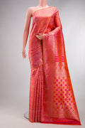 Orange Dual Tone Kanjivaram Silk Saree with Zari Brocade on the body and Fancy Border.  displayed on a mannequin