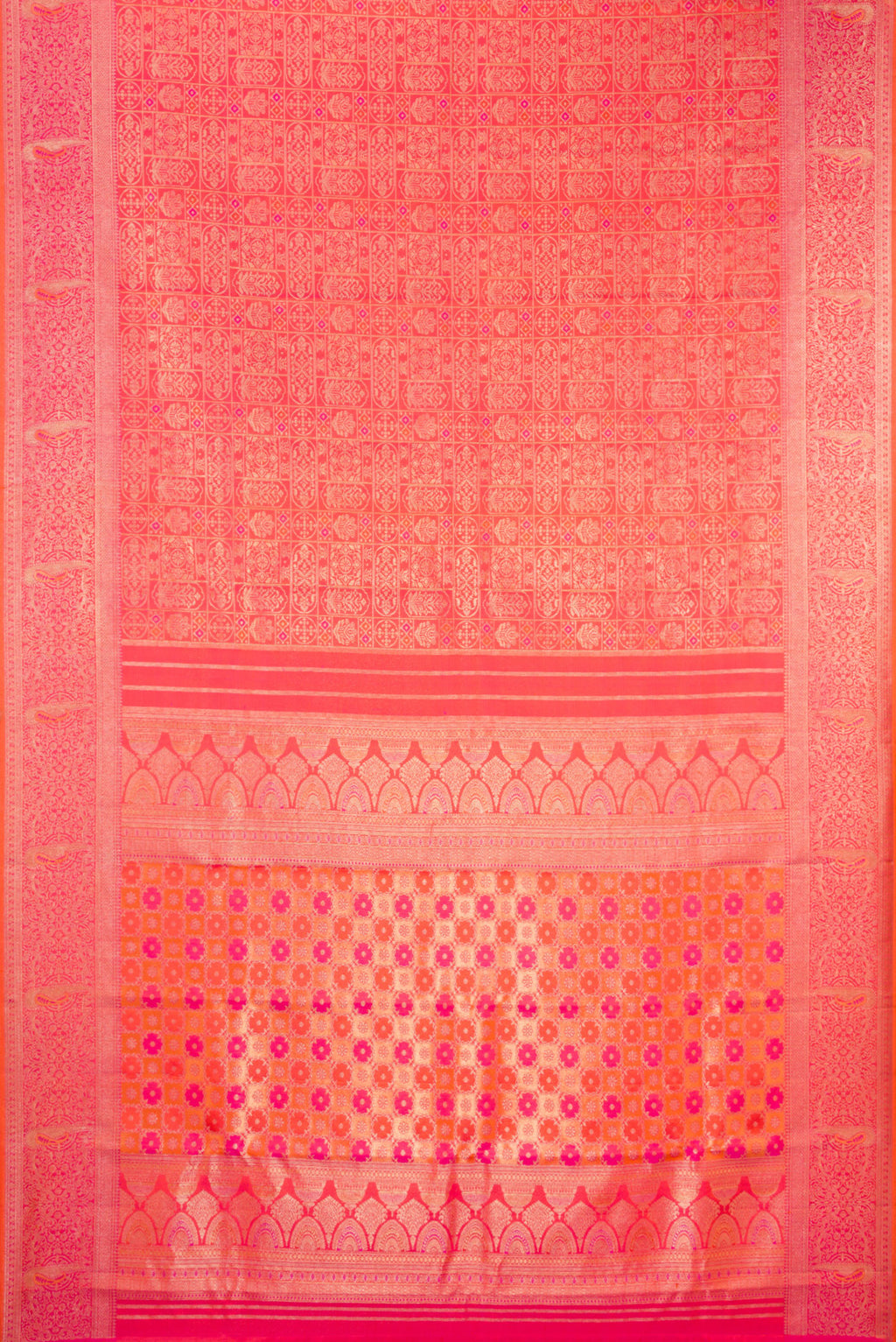 Flat view of Orange Dual Tone Kanjivaram Silk Saree with Zari Brocade on the body and Fancy Border. 