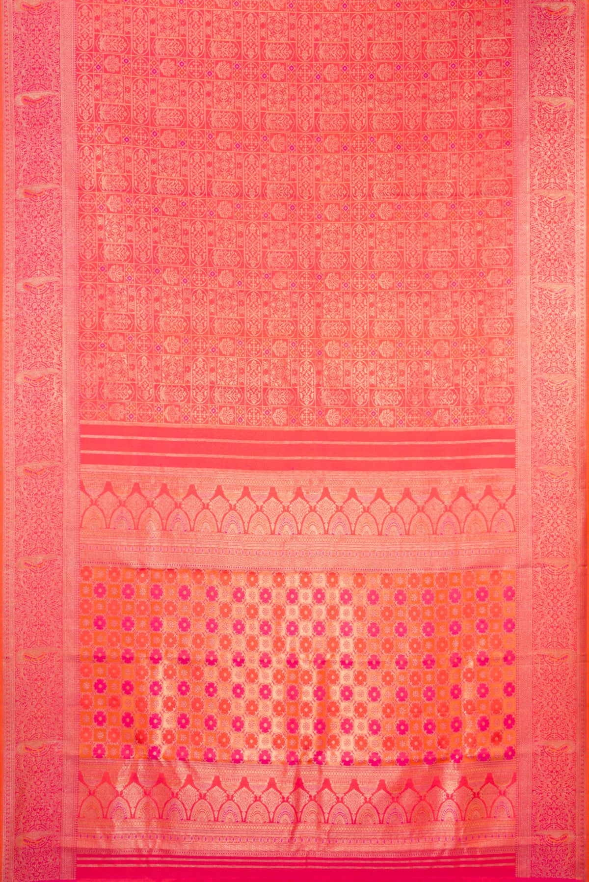 Flat view of Orange Dual Tone Kanjivaram Silk Saree with Zari Brocade on the body and Fancy Border. 