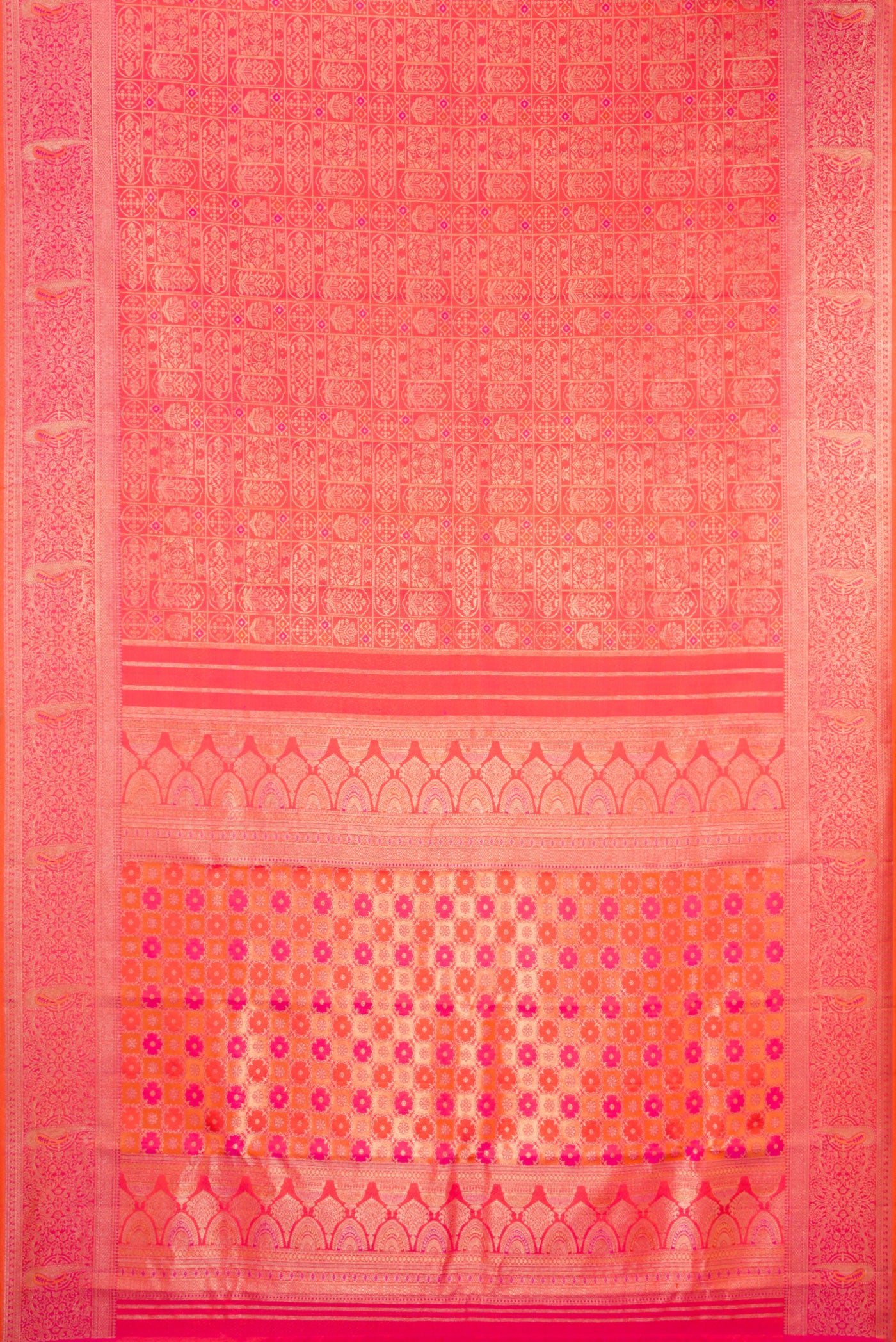 Flat view of Orange Dual Tone Kanjivaram Silk Saree with Zari Brocade on the body and Fancy Border. 