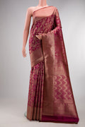Magenta Dual Tone Kanjivaram Silk Saree with Zari Brocade on the body and Fancy Border.  displayed on a mannequin