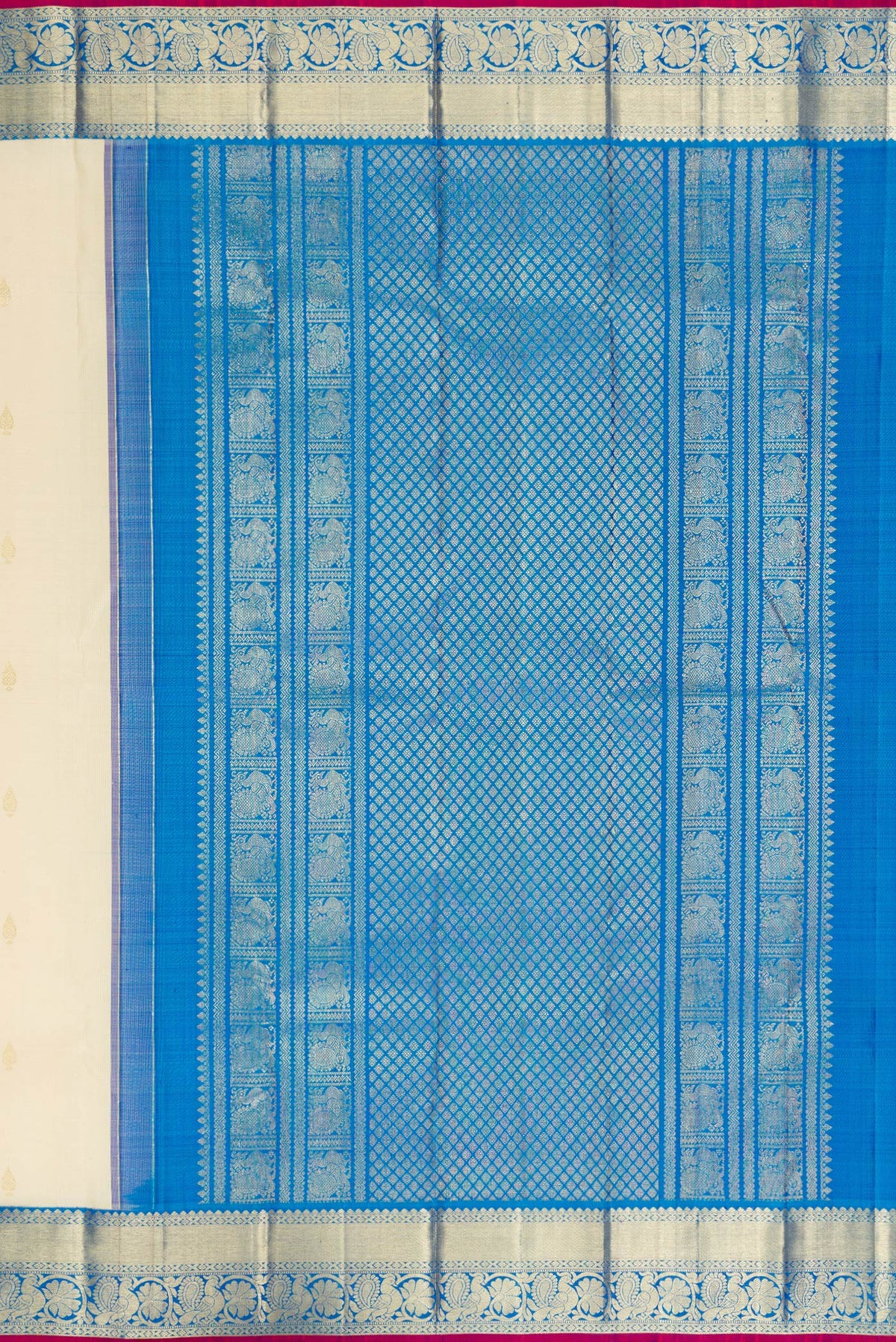 Close up image of the pallu of Pure Silk Off White Kanjivaram Saree with Zari Butta on the body and Zari Border. 