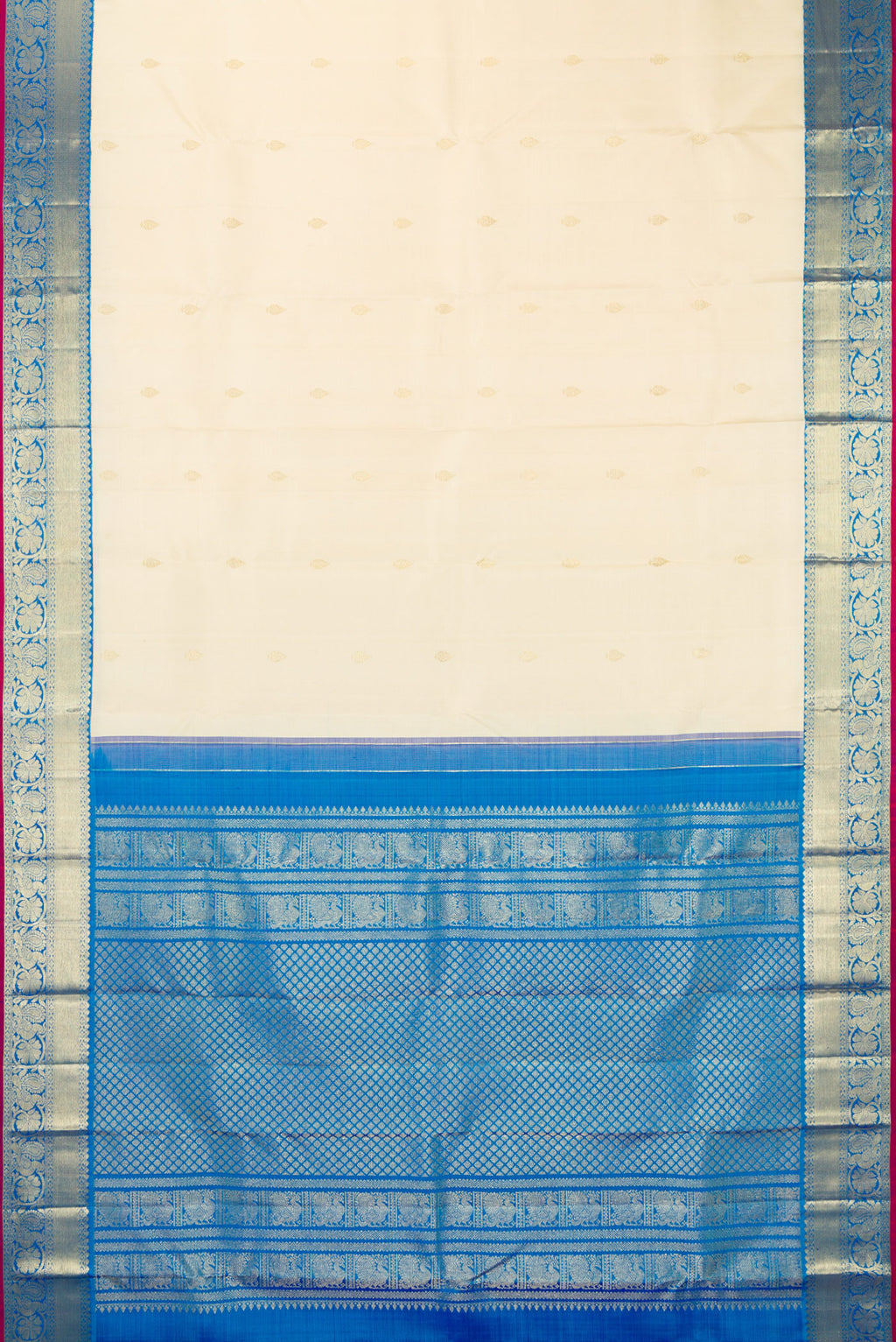 Flat view of Pure Silk Off White Kanjivaram Saree with Zari Butta on the body and Zari Border. 