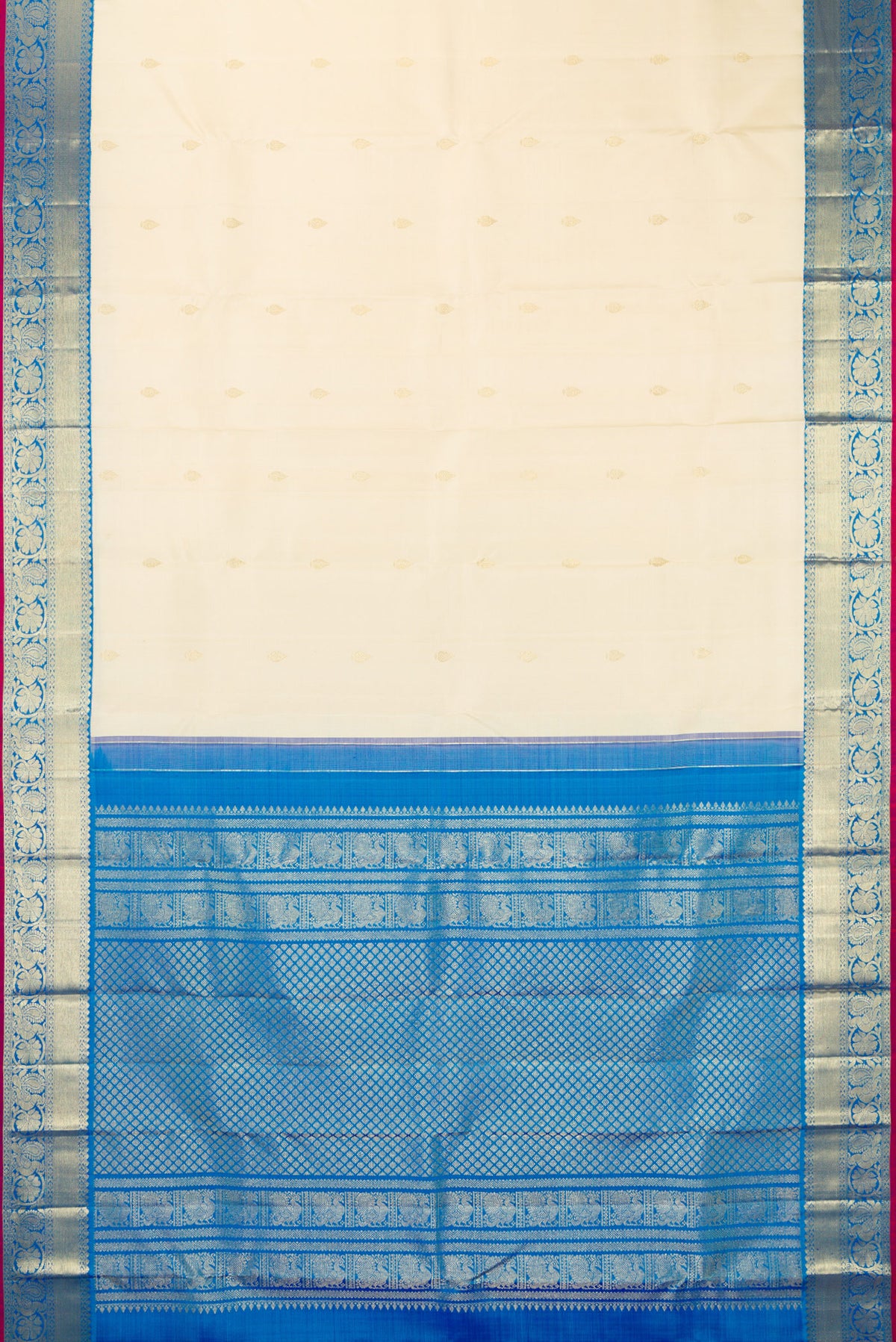 Flat view of Pure Silk Off White Kanjivaram Saree with Zari Butta on the body and Zari Border. 