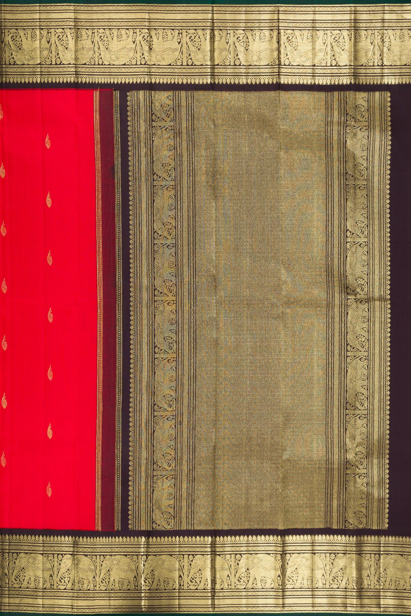 Close up image of the pallu of Pure Silk Red Kanjivaram Saree with Zari Butta on the body and Zari Border. 